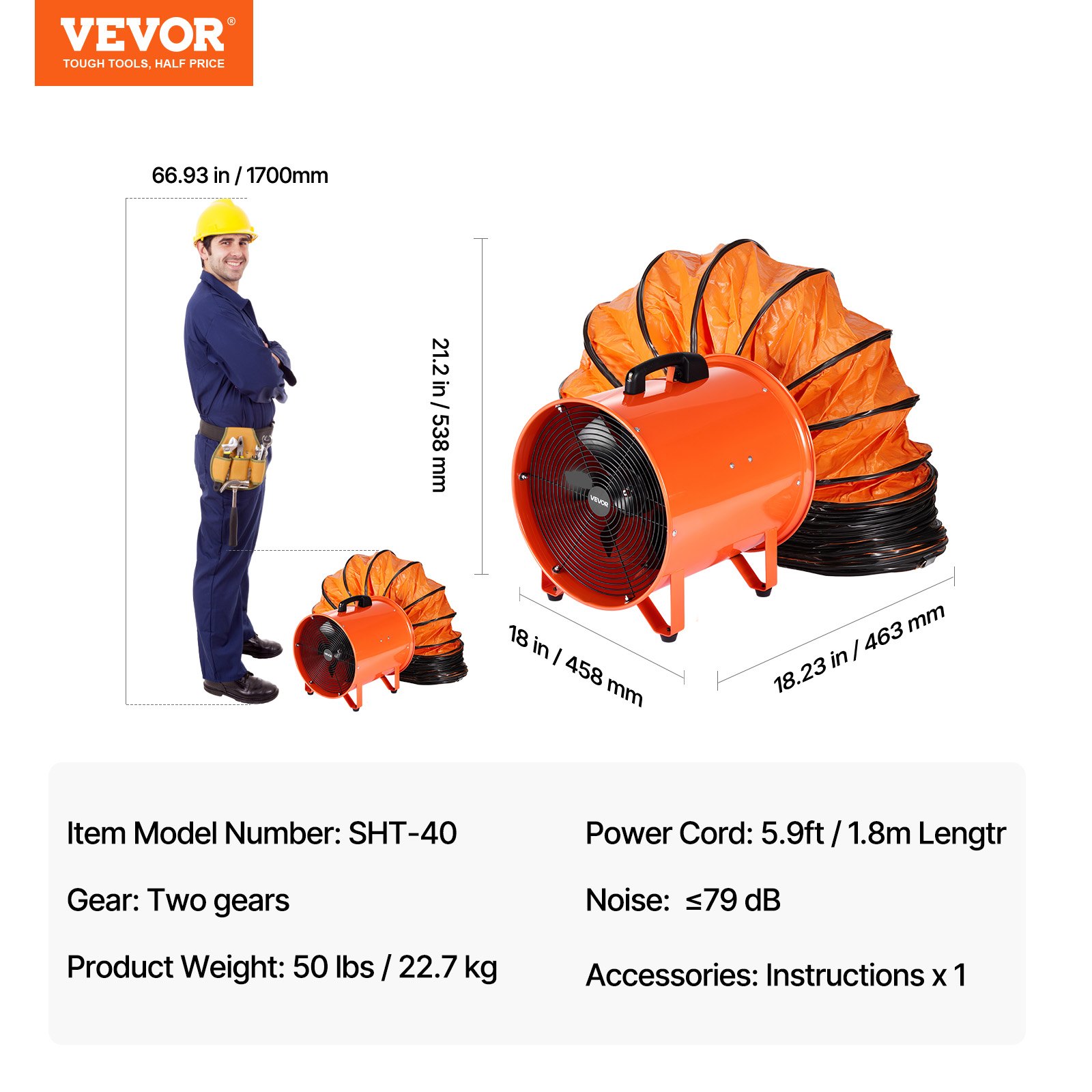 VEVOR Bouwventilator 592W AC-motor Bouwventilator 2850 RPM Bouwventilator Blaasvermogen 5175 CFM (8792 m³/h) Axiale ventilator 5 m slang Axiale blazer Geluidsniveau 79 dB Industriële ventilator IP44