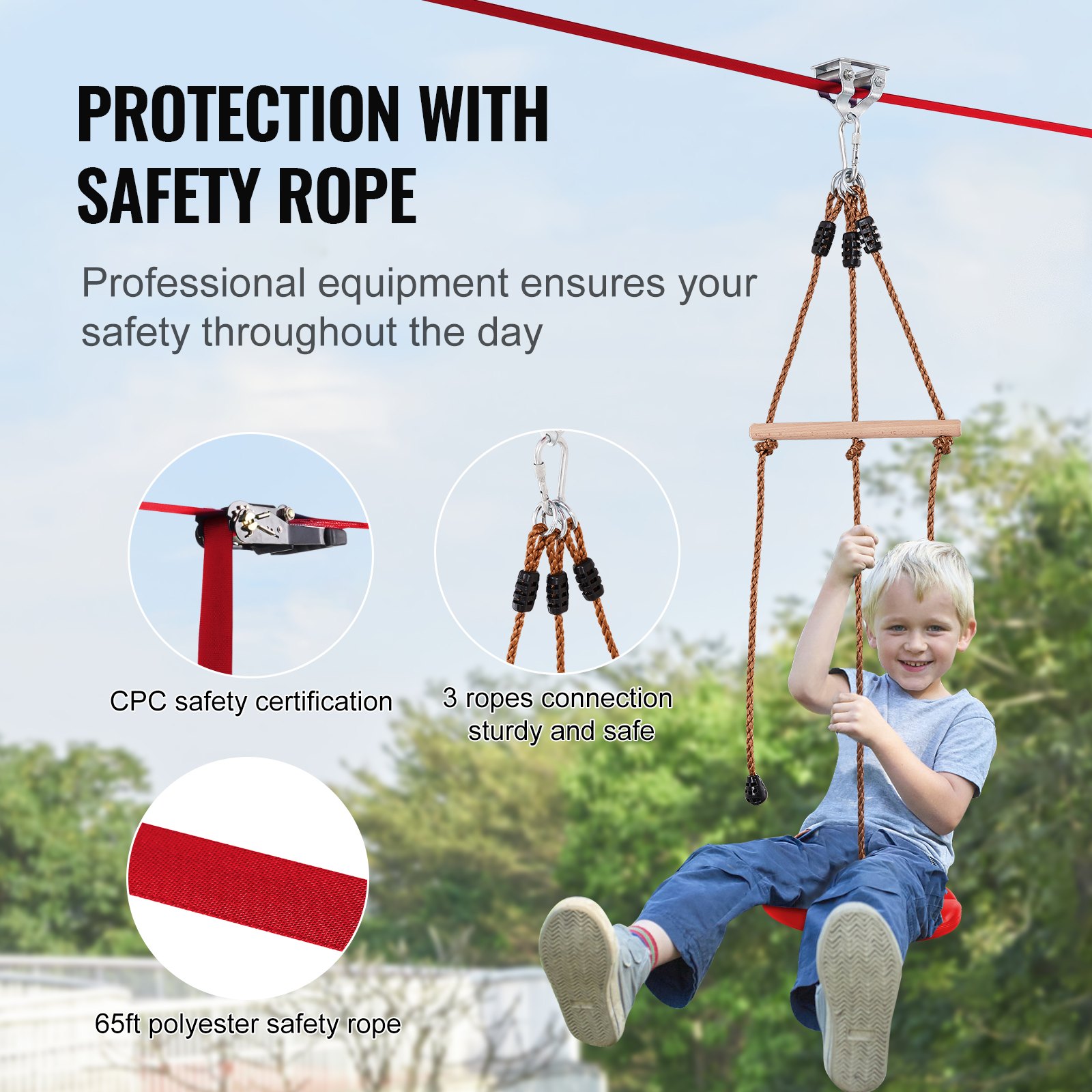 VEVOR Zipline Kit for Kids and Adult, 65 ft Zip Line Kits Up to 500 lb, Backyard Outdoor Quick Setup Zipline, Playground Entertainment with Zipline, Nylon Safety Harness, Seat, and Handlebar