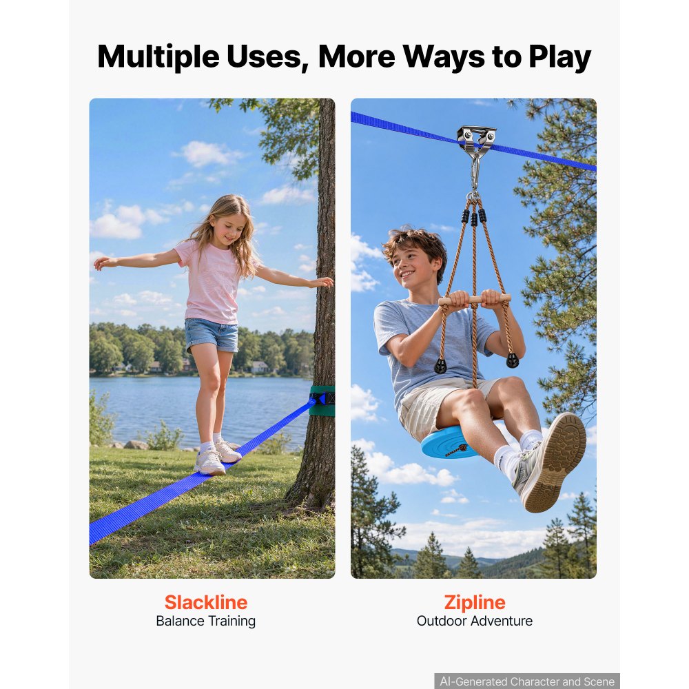 VEVOR Zip Line Set 15,8 m 3-in-1 voor kinderen van 6-16 jaar tot 200 kg voor plezier in de tuin, met ratelspanner, schommelzitje, boombeschermingspads en schroefkarabijnhaak. Niet geschikt voor volwassenen.