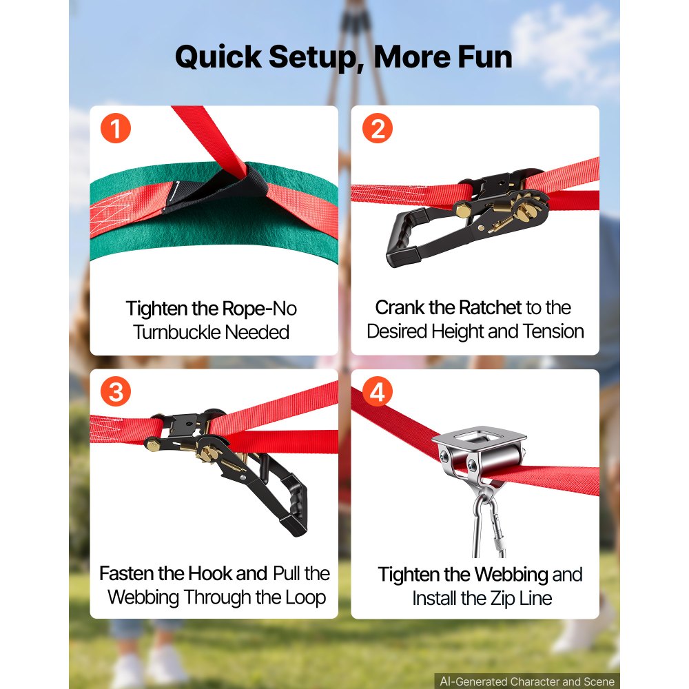 VEVOR Zipline Kit, 19.8 m, Polyester Strap, Backyard Zipline, Up to 150 kg, for Backyard Play, Durable Zipline for Kids with Ratchet Tensioner, Swing Seat & 3-in-1 Setup, Ages 6-16, Not for Adults