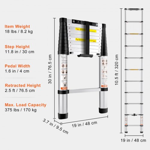 VEVOR telescopische ladder trapladder enkele ladder verlengladder 3,2 m 170 kg draagvermogen