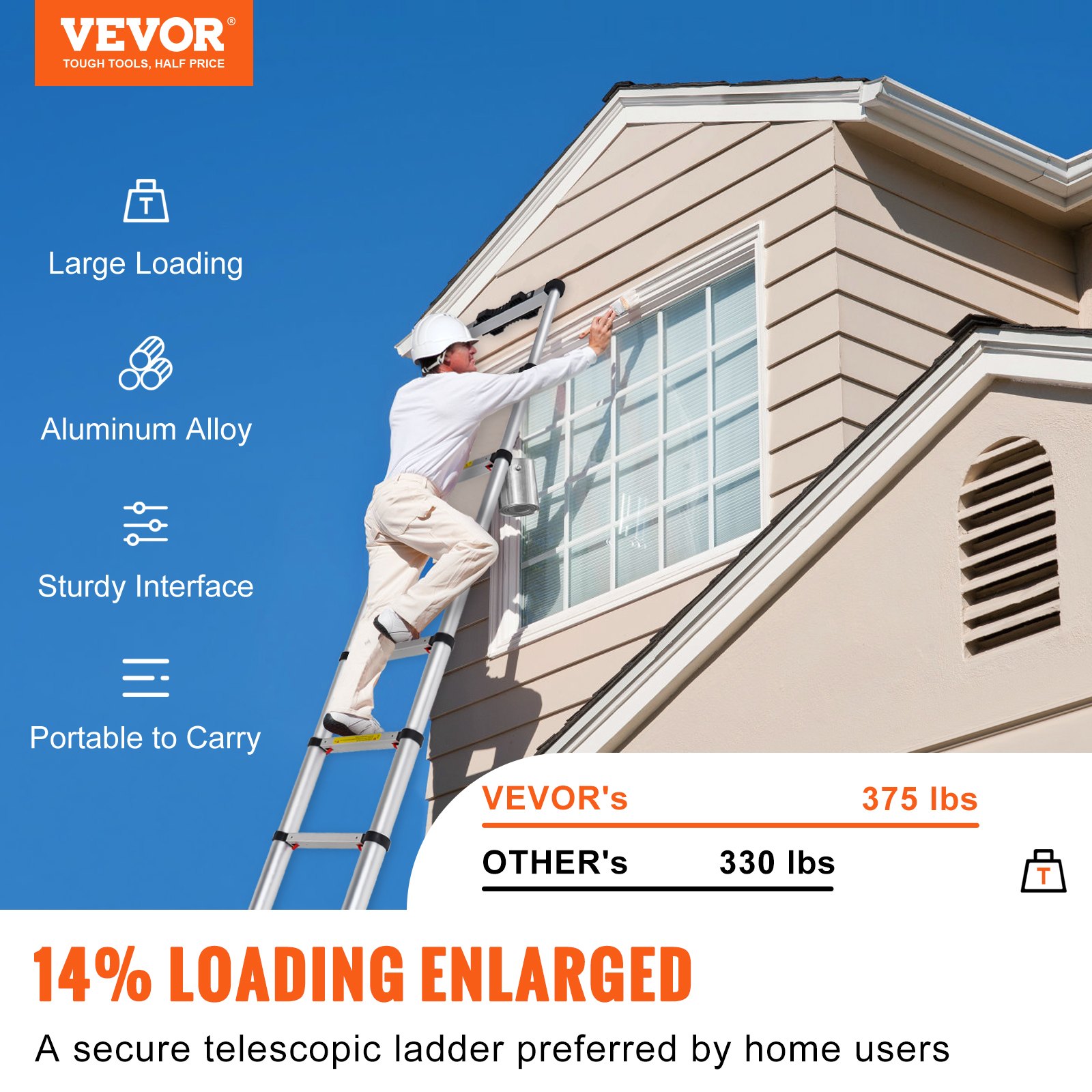 VEVOR 3,2 m telescopische ladder, antislip opvouwbare ladder, 48 x 9,5 x 76,5 cm, trapladder, intrekbaar met één knop, multifunctionele ladder, aluminiumlegering, draagvermogen van 170 kg, ideaal voor huisreparaties, decoratie, muurschilderingen