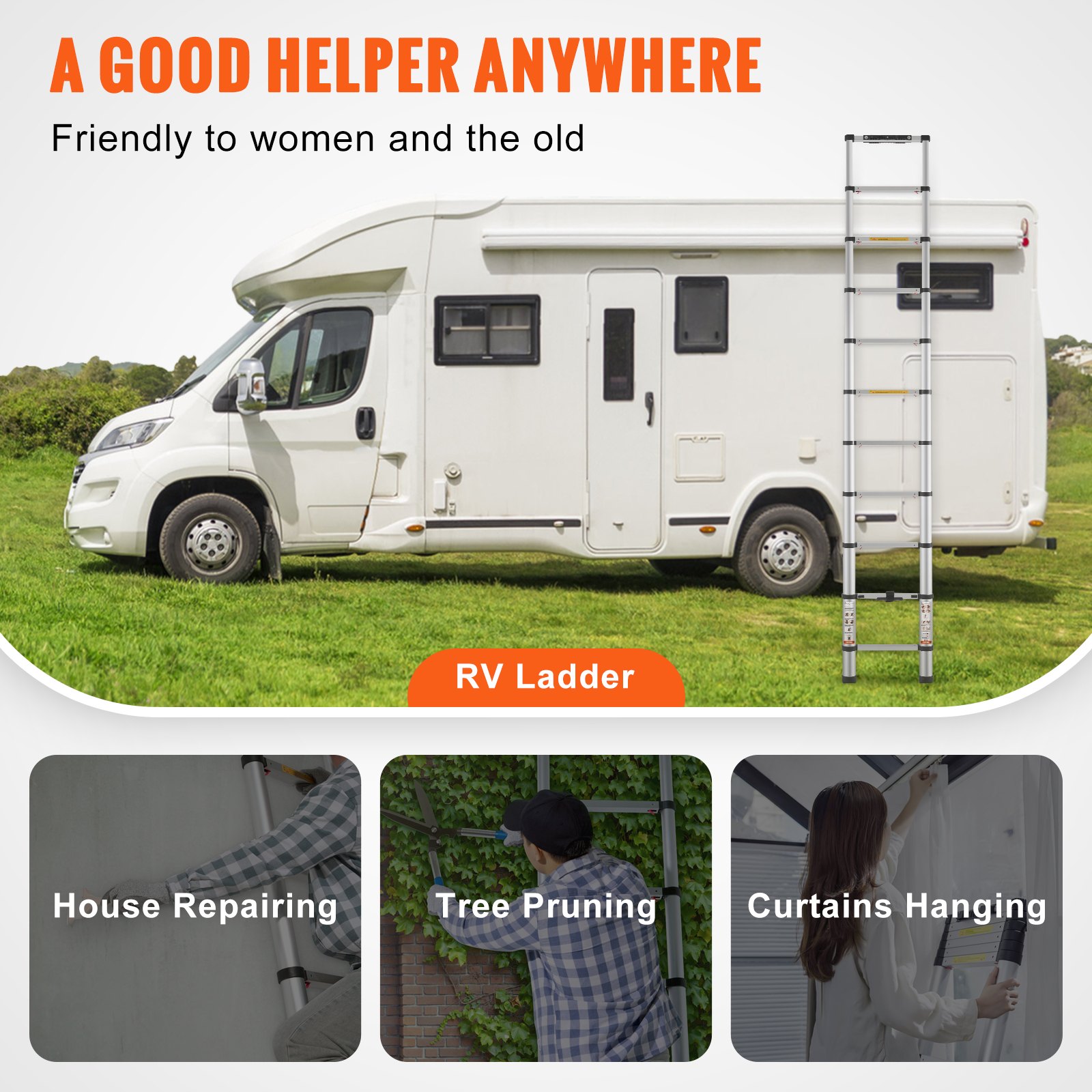 VEVOR 3,2 m telescopische ladder, antislip opvouwbare ladder, 48 x 9,5 x 76,5 cm, trapladder, intrekbaar met één knop, multifunctionele ladder, aluminiumlegering, draagvermogen van 170 kg, ideaal voor huisreparaties, decoratie, muurschilderingen