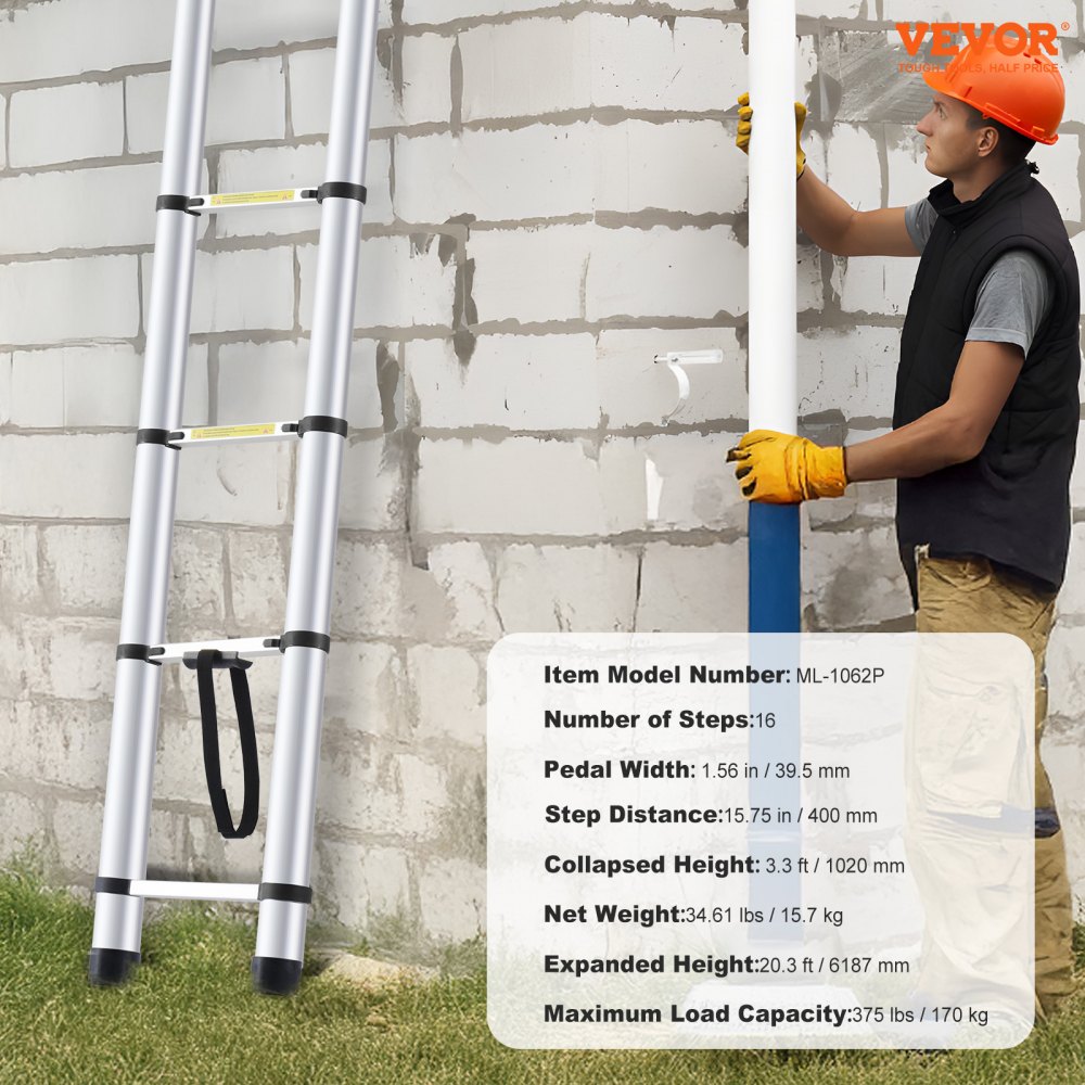 VEVOR Telescopische Ladder, 6,2 m lichtgewicht aluminium verlengladder, opvouwbare ladder met uitschuifbare ladder met meerdere zakken, draagvermogen van 170 kg met antislipvoetjes, draagbare compacte ladder voor thuis, camper, zolder