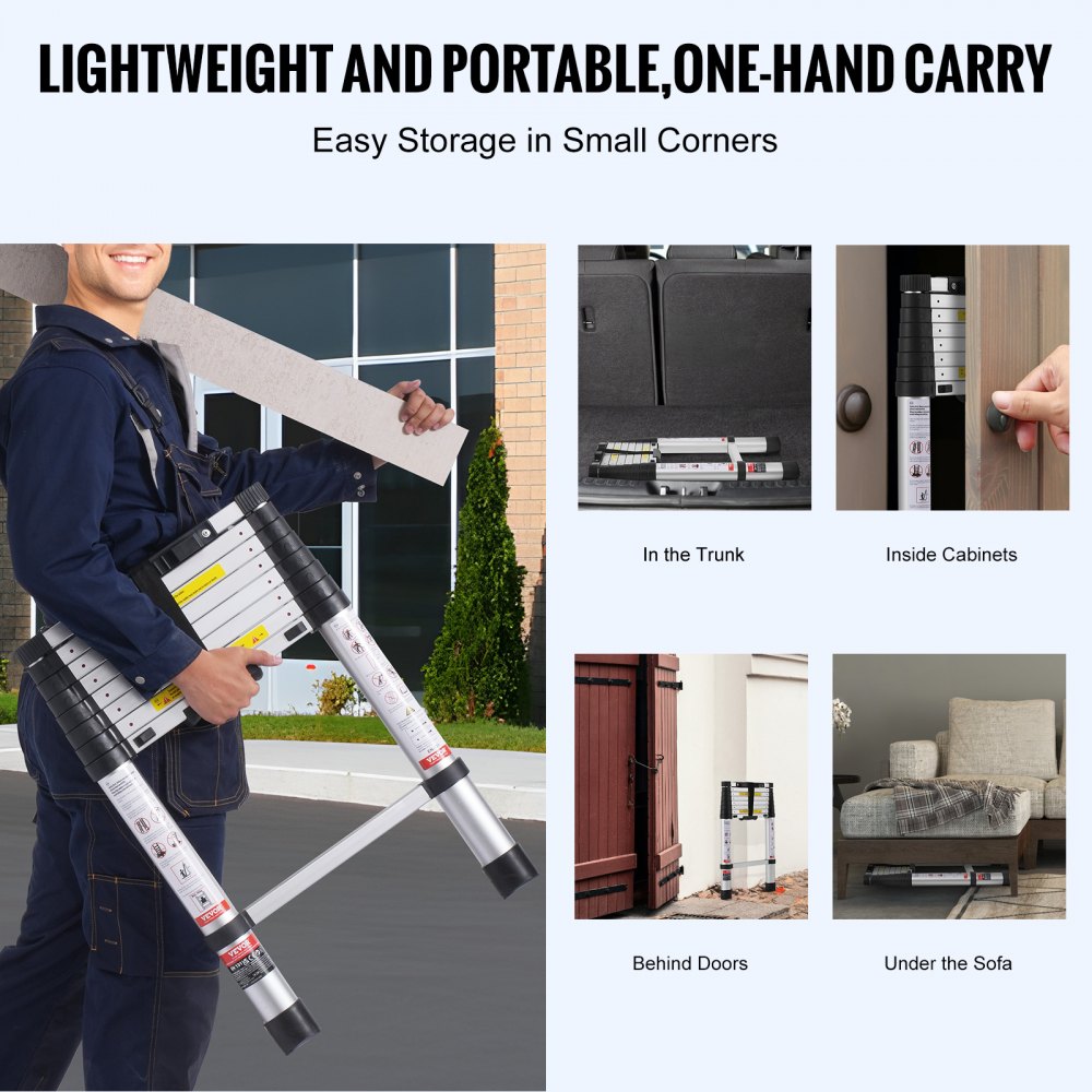 VEVOR Telescopische Ladder, 2,6 m lang, Aluminium Uitschuifladder, Opvouwbare Ladder met Intrekknop, Draagvermogen 160 kg met Antislipvoetjes, Draagbare Compacte Ladder voor Thuis, Camper, Zolder
