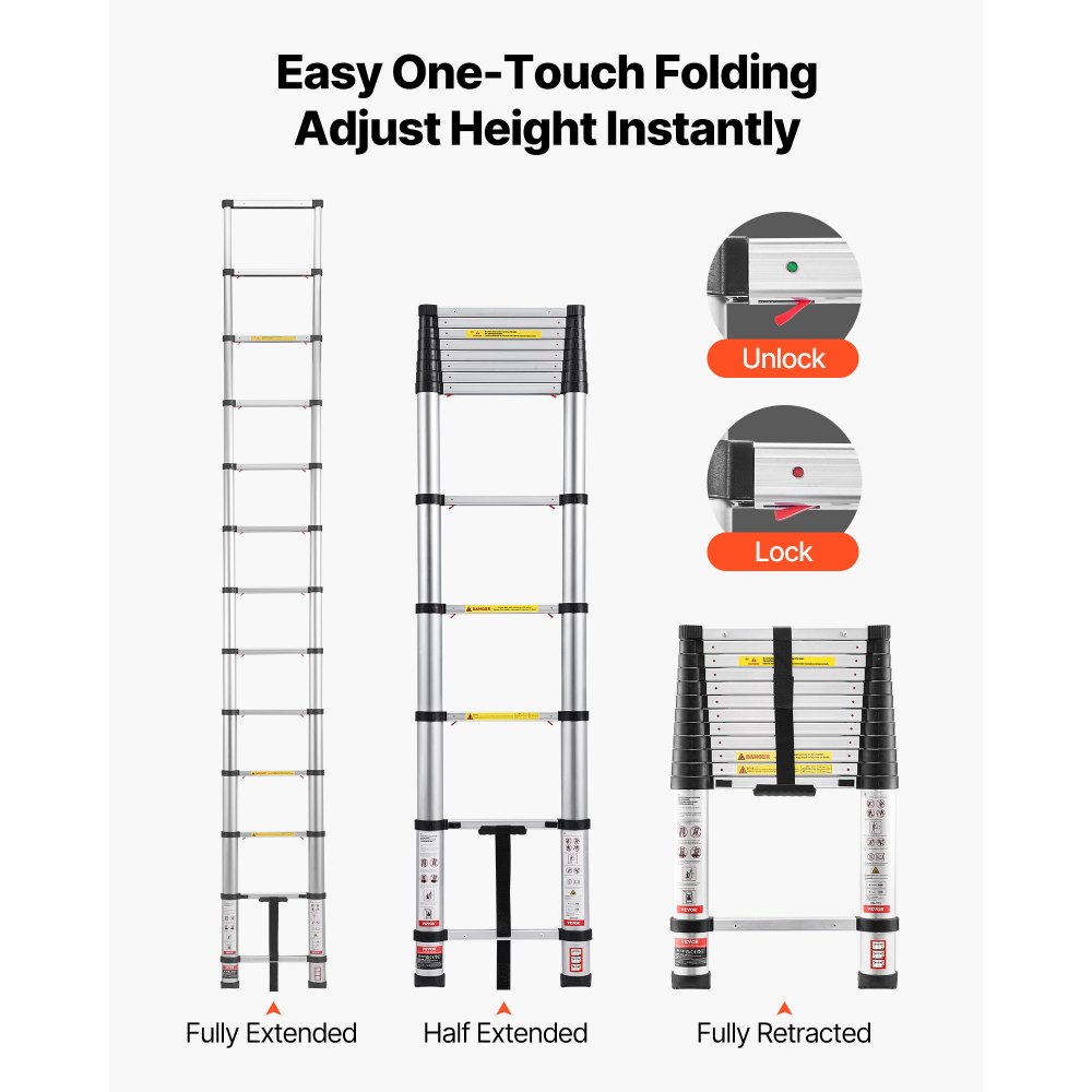 VEVOR 3.8m Telescoping Ladder, Aluminum Lightweight Multi-Purpose Collapsible Extension, One-Touch Retraction Ladder, Heavy Duty 150kg Max Capacity with Non-Slip Feet, for Home, Outdoor Work, Loft