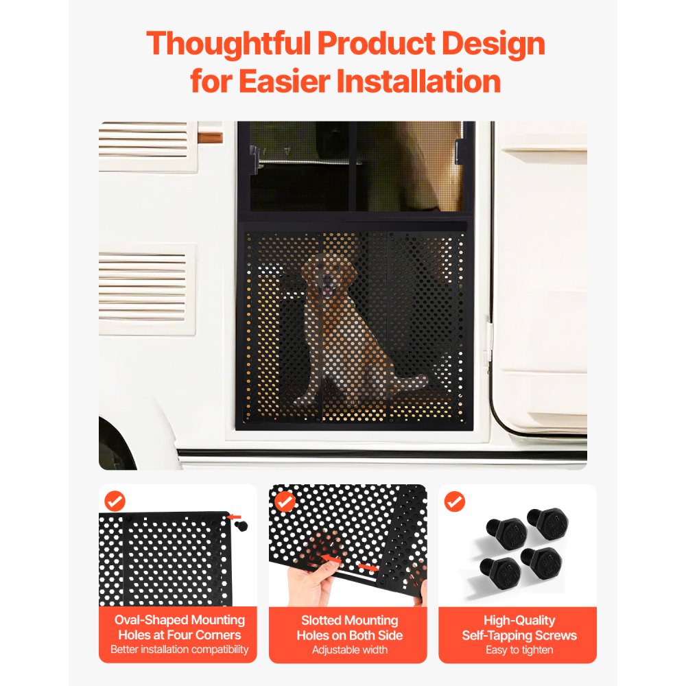 VEVOR RV Screen Door Protector, Adjusts from 558.8–800 mm, Adjustable Door Grille, Easy to Install, Reinforced Breathable Honeycomb Holes, Iron Camper RV Entry Protector for Pet Protection, Black
