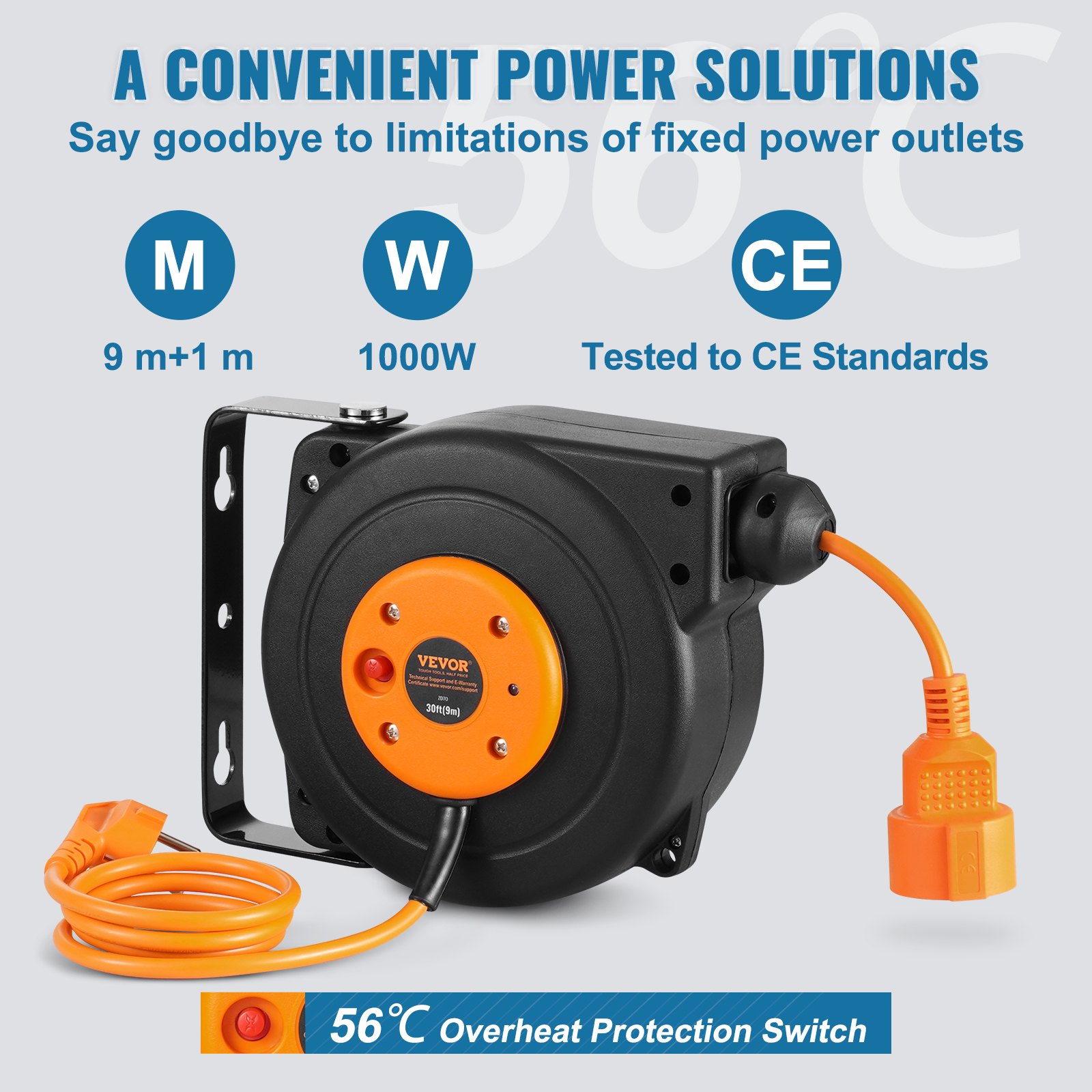 VEVOR Retractable Extension Cord Reel, 29.53 ft / 9 m, 1000W Heavy Duty Retractable Power Cord with 3.28 ft / 1 m Lead-in Cord Overheat Protection Adjustable Cord Stopper, for Ceiling or Wall Mount