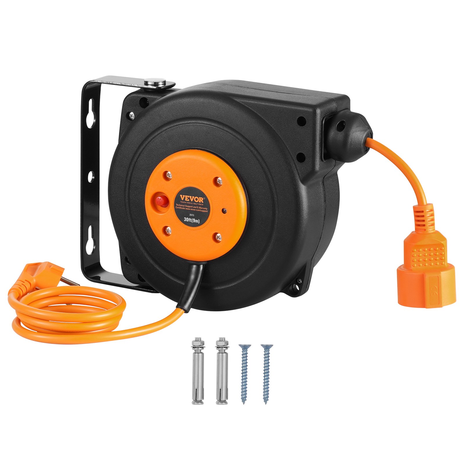 VEVOR Retractable Extension Cord Reel, 29.53 ft / 9 m, 1000W Heavy Duty Retractable Power Cord with 3.28 ft / 1 m Lead-in Cord Overheat Protection Adjustable Cord Stopper, for Ceiling or Wall Mount