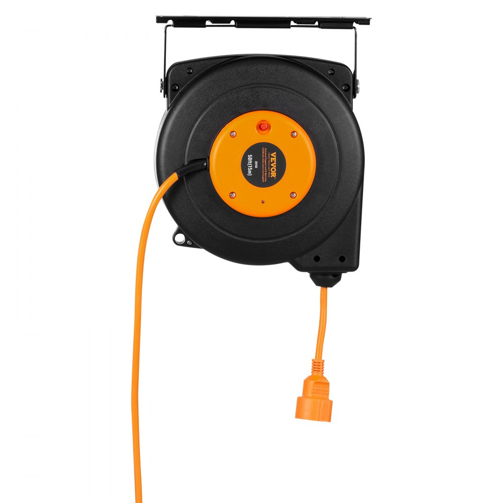 VEVOR Retractable Extension Cord Reel, 49.21 ft/15 m, 1600W Heavy Duty Retractable Power Cord with 3.28 ft/1 m Lead-in Cord Overheat Protection PP Shell, 180° Swivel Bracket for Ceiling or Wall Mount