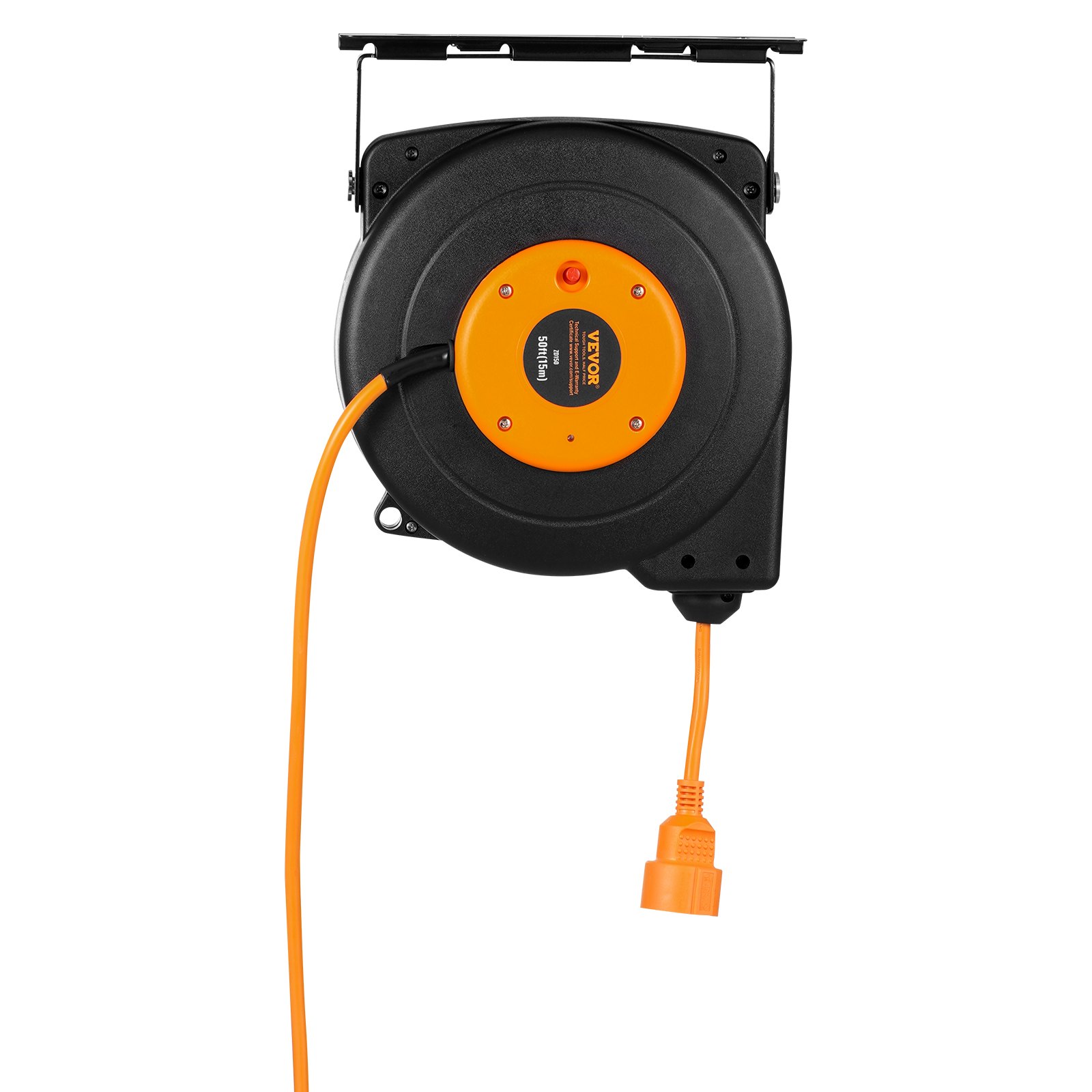 VEVOR Retractable Extension Cord Reel, 49.21 ft/15 m, 1000W Heavy Duty Retractable Power Cord with 3.28 ft/1 m Lead-in Cord Overheat Protection PP Shell, 180° Swivel Bracket for Ceiling or Wall Mount