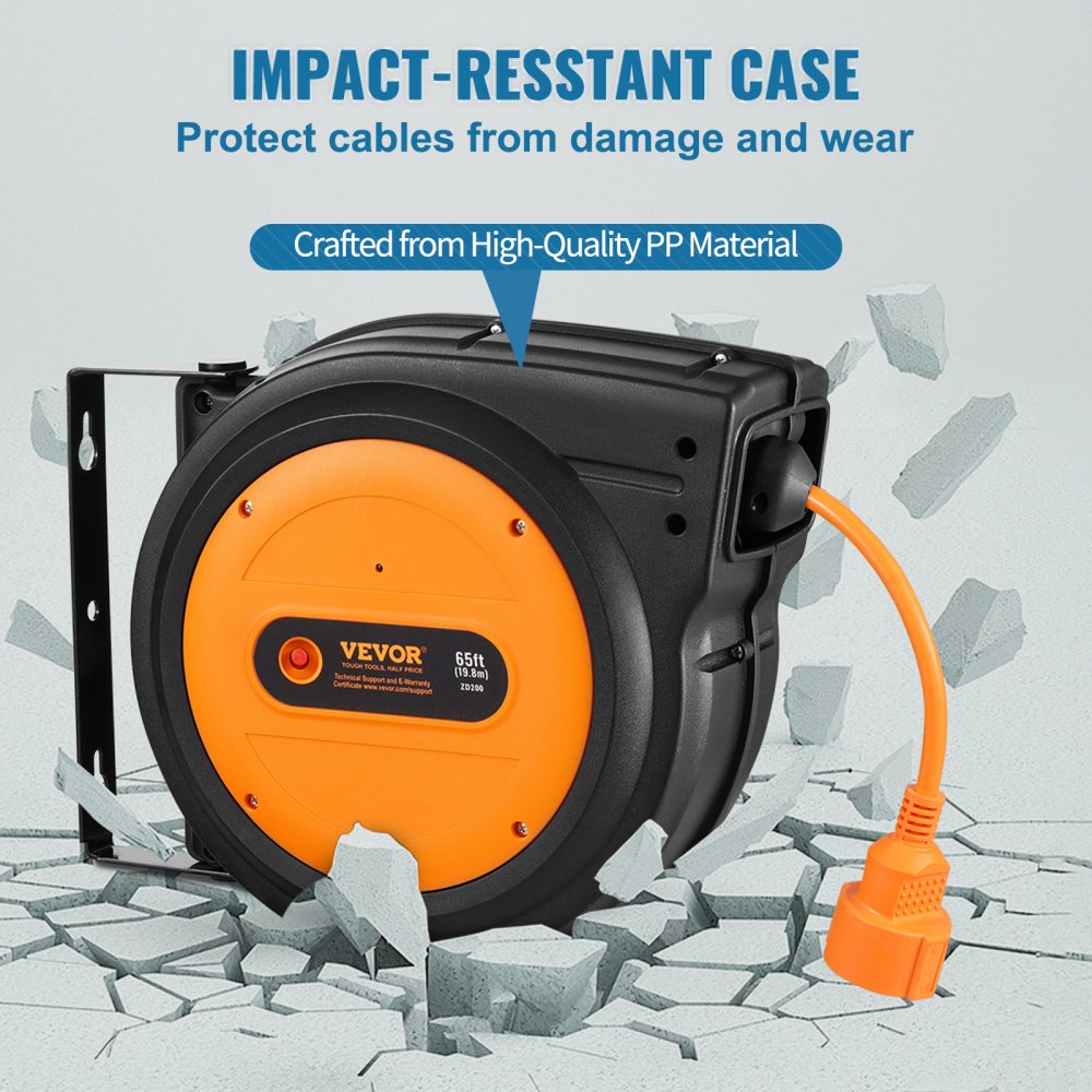VEVOR Oprolbare verlengsnoerhaspel, 19 m, 1600 W Robuuste oprolbare stroomkabel met 1 m kabel, oververhittingsbeveiliging, PP-hoes, 180° draaibare beugel voor plafond- of wandmontage