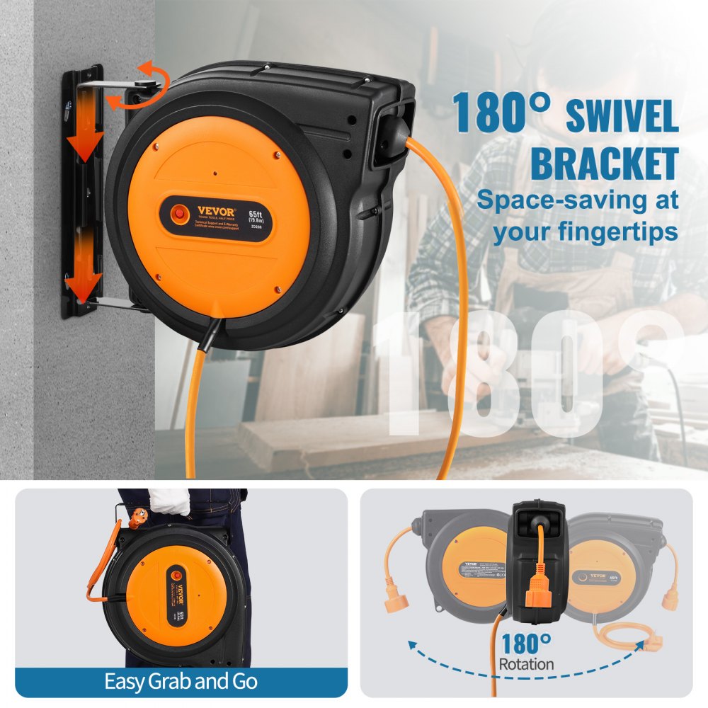 VEVOR Retractable Extension Cord Reel, 62.33 ft/19 m, 1600W Heavy Duty Retractable Power Cord with 3.28 ft/1 m Lead-in Cord Overheat Protection PP Shell, 180° Swivel Bracket for Ceiling or Wall Mount