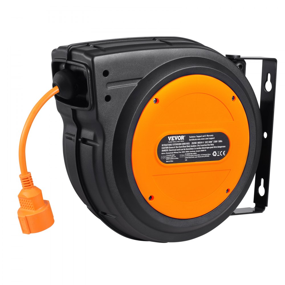 VEVOR Retractable Extension Cord Reel, 62.33 ft/19 m, 1600W Heavy Duty Retractable Power Cord with 3.28 ft/1 m Lead-in Cord Overheat Protection PP Shell, 180° Swivel Bracket for Ceiling or Wall Mount