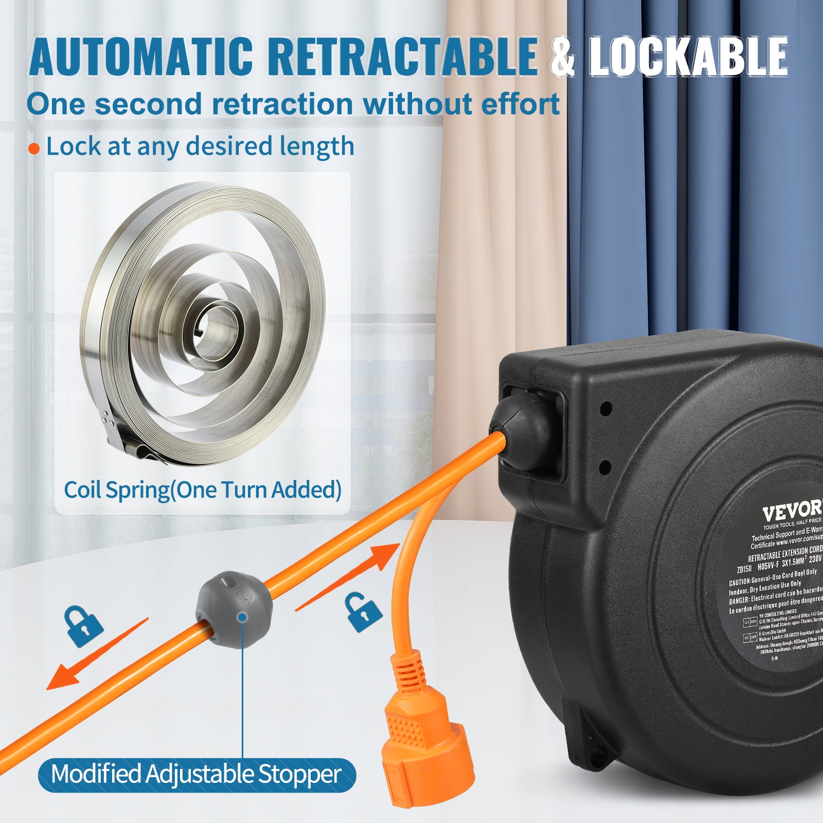 VEVOR Retractable Extension Cord Reel, 62.33 ft/19 m, 1000W Heavy Duty Retractable Power Cord with 3.28 ft/1 m Lead-in Cord Overheat Protection PP Shell, 180° Swivel Bracket for Ceiling or Wall Mount