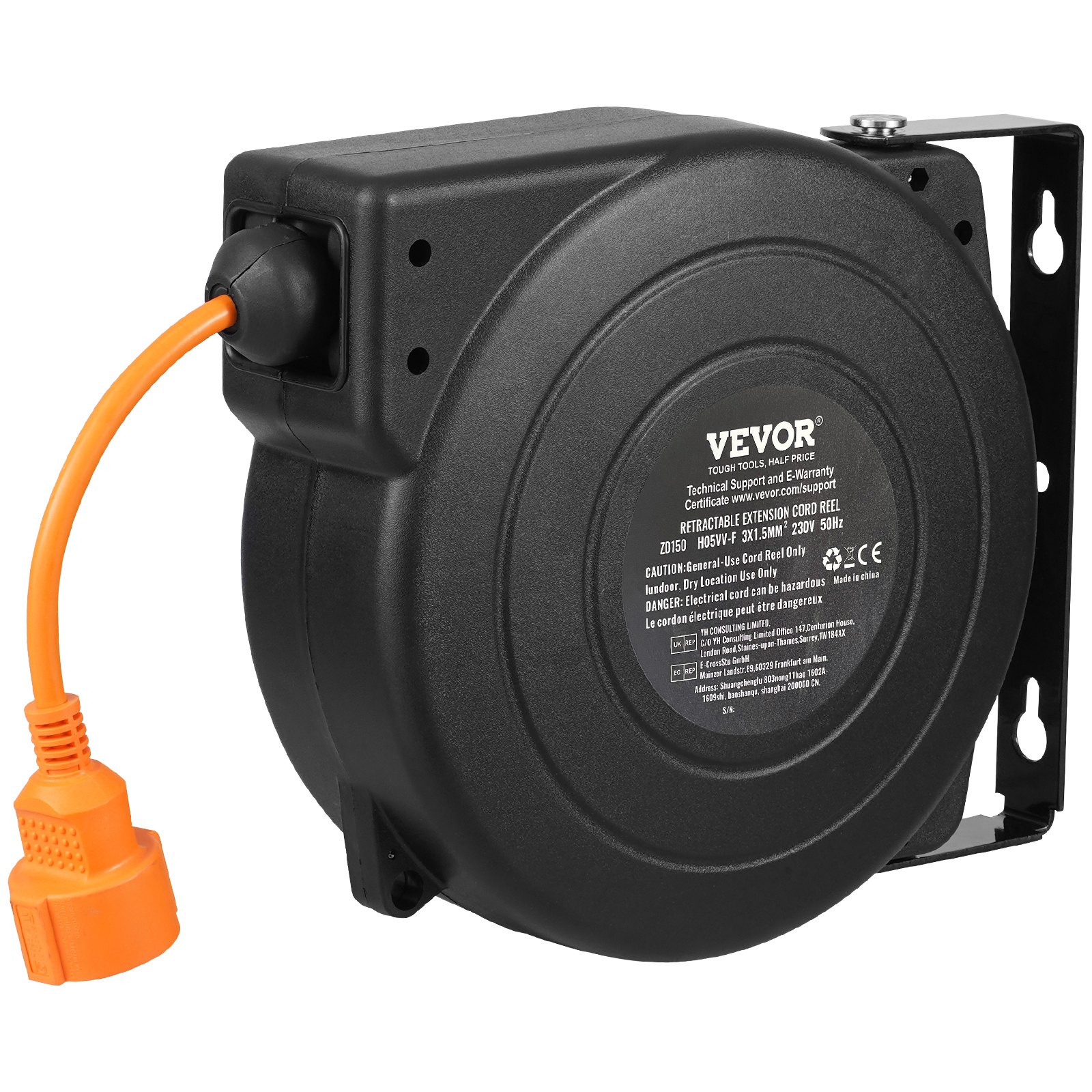 VEVOR Retractable Extension Cord Reel, 62.33 ft/19 m, 1000W Heavy Duty Retractable Power Cord with 3.28 ft/1 m Lead-in Cord Overheat Protection PP Shell, 180° Swivel Bracket for Ceiling or Wall Mount
