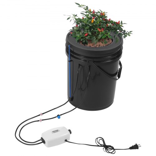VEVOR DWC Hydroponics Grow System, 5 Gallon Diepwatercultuursysteem met Top Drip Kit, Luchtpomp, Luchtsteen en Waterniveau-indicator voor Bladgroenten (1 Emmer + Top Drip Kit)