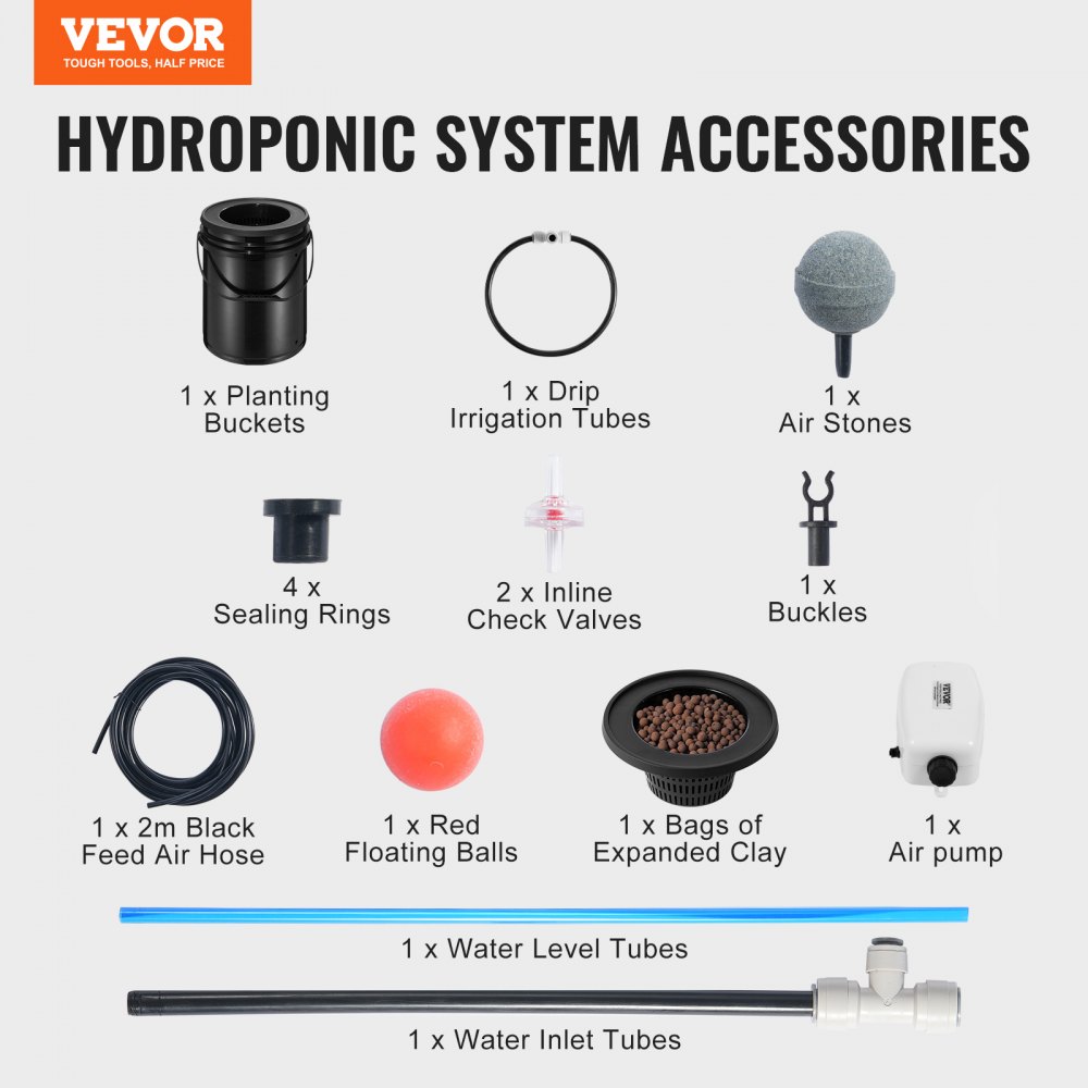 VEVOR DWC Hydroponics Grow System, 5 Gallon Diepwatercultuursysteem met Top Drip Kit, Luchtpomp, Luchtsteen en Waterniveau-indicator voor Bladgroenten (1 Emmer + Top Drip Kit)