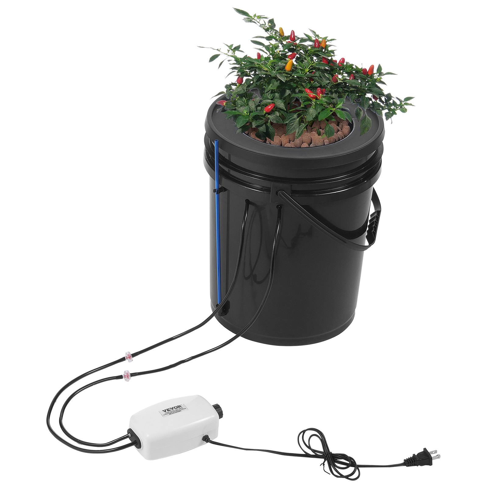 VEVOR DWC Hydroponics Grow System, 5 Gallon Diepwatercultuursysteem met Top Drip Kit, Luchtpomp, Luchtsteen en Waterniveau-indicator voor Bladgroenten (1 Emmer + Top Drip Kit)