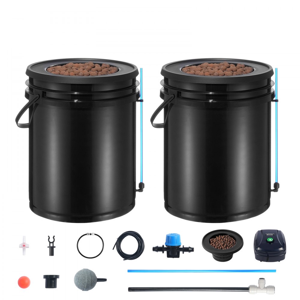 VEVOR DWC Hydroponics Grow System, Hydroponisch kweeksysteem met topdripkit, Deep Water Culture 2 emmers van 5 gallon, met luchtpomp, luchtstenen en waterniveau-indicator voor bladgroenten