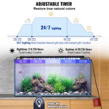 VEVOR 14W volledig spectrum aquariumlicht met 24/7 natuurmodus, instelbare timer en helderheid op 5 niveaus, met uitschuifbare beugels van aluminiumlegering voor zoetwaterplantenaquaria van 30 tot 50 cm