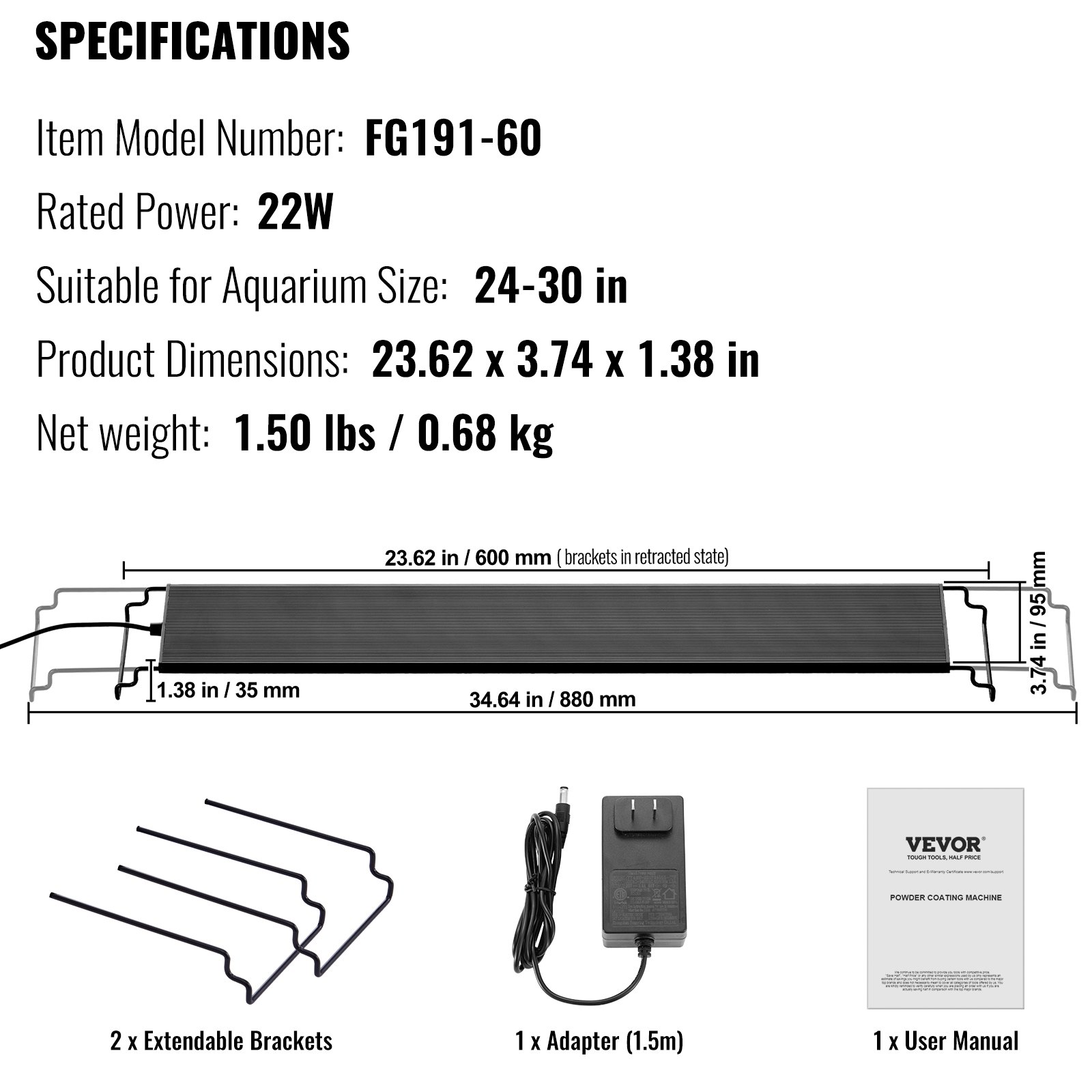 VEVOR Aquariumlamp met LCD-monitor, 22W aquariumlamp met volledig spectrum en 24/7 natuurlijke modus, instelbare helderheid en timer - Behuizing van aluminiumlegering, uitschuifbare beugels 61-76 cm