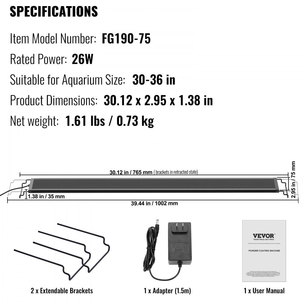 VEVOR Aquarium Light, 26W Full Spectrum Aquarium Light with 24/7 Natural Mode, Adjustable Timer and 5 Level Brightness, with Extendable Brackets for 30-36 Inch Freshwater Planted Aquariums