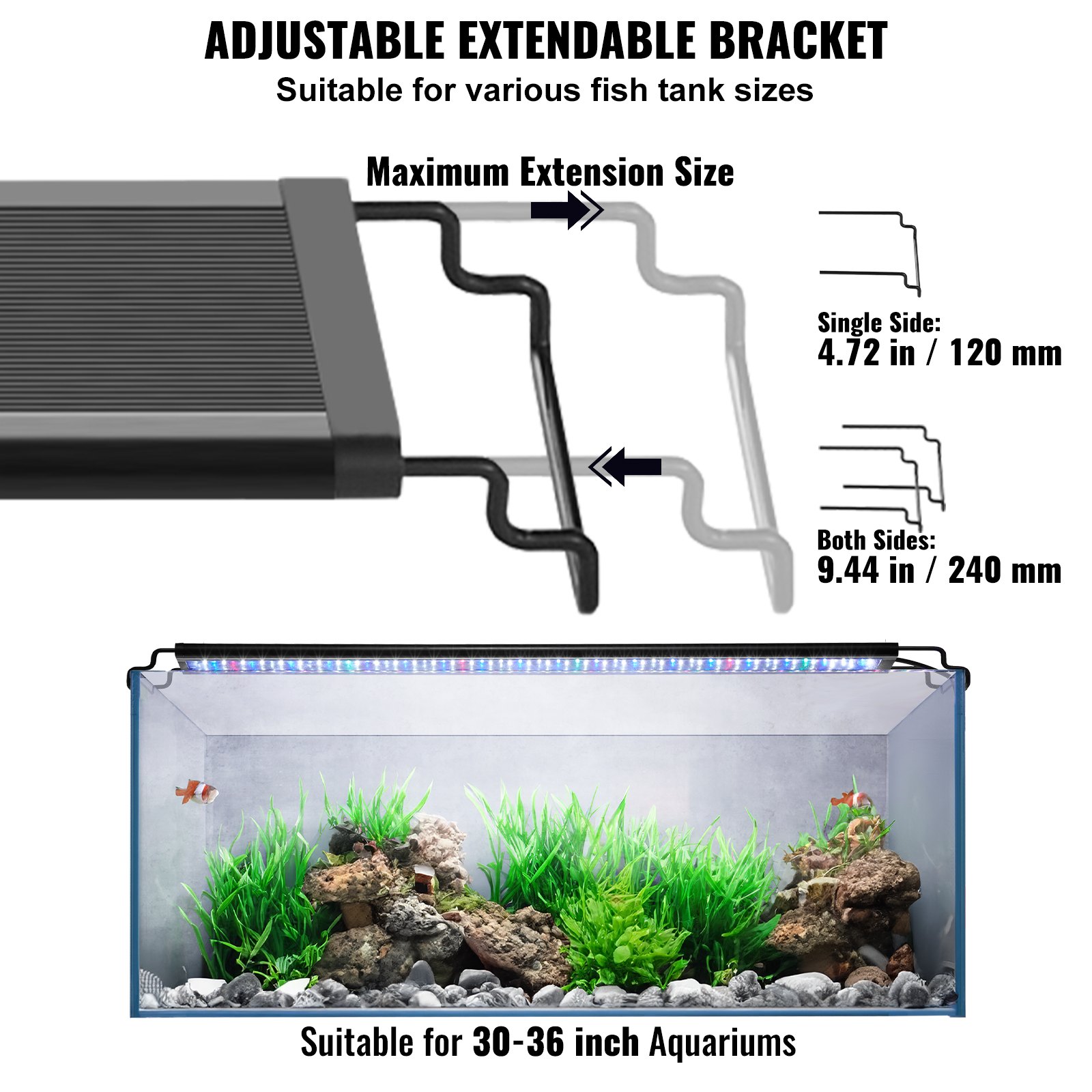 VEVOR Aquarium Light, 26W Full Spectrum Aquarium Light with 24/7 Natural Mode, Adjustable Timer and 5 Level Brightness, with Extendable Brackets for 30-36 Inch Freshwater Planted Aquariums