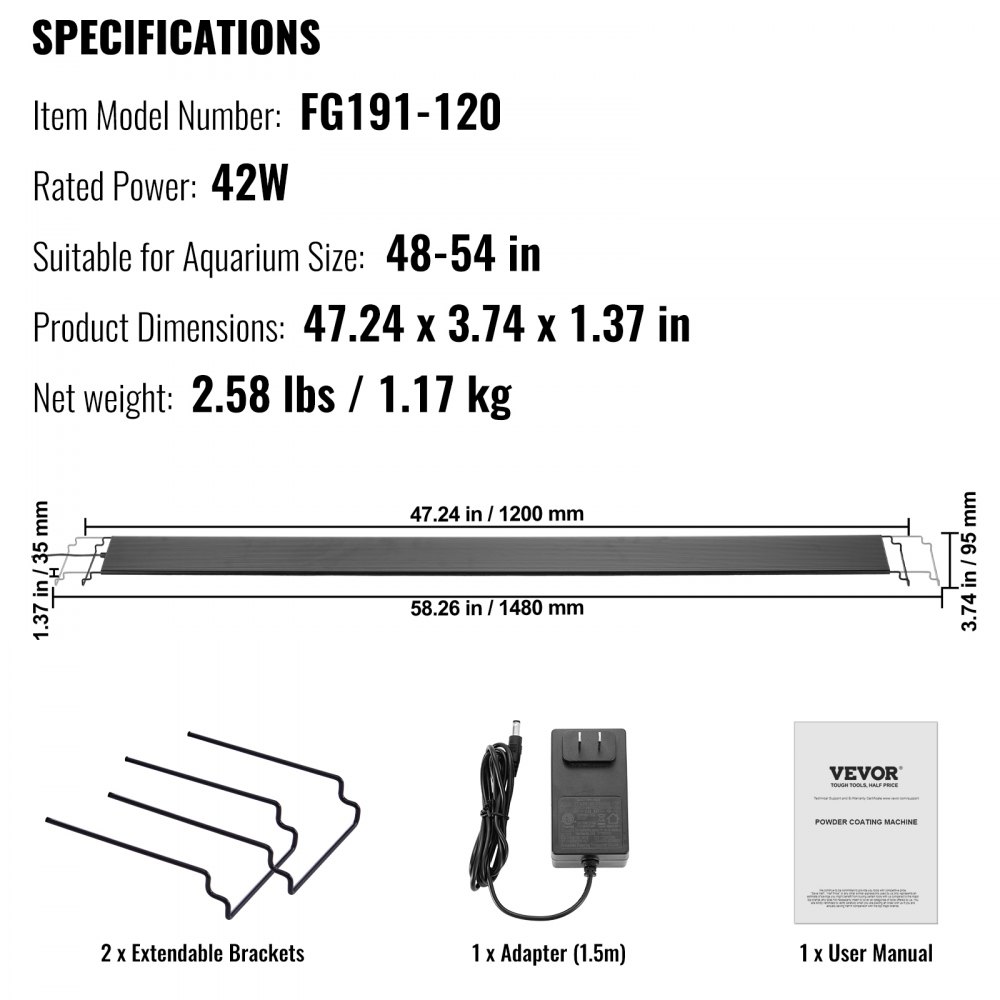VEVOR Aquariumlamp met LCD-monitor, 42W aquariumverlichting met volledig spectrum met 24/7 natuurmodus, instelbare helderheid en timer - Uitschuifbare beugels van aluminiumlegering voor 48 "-54