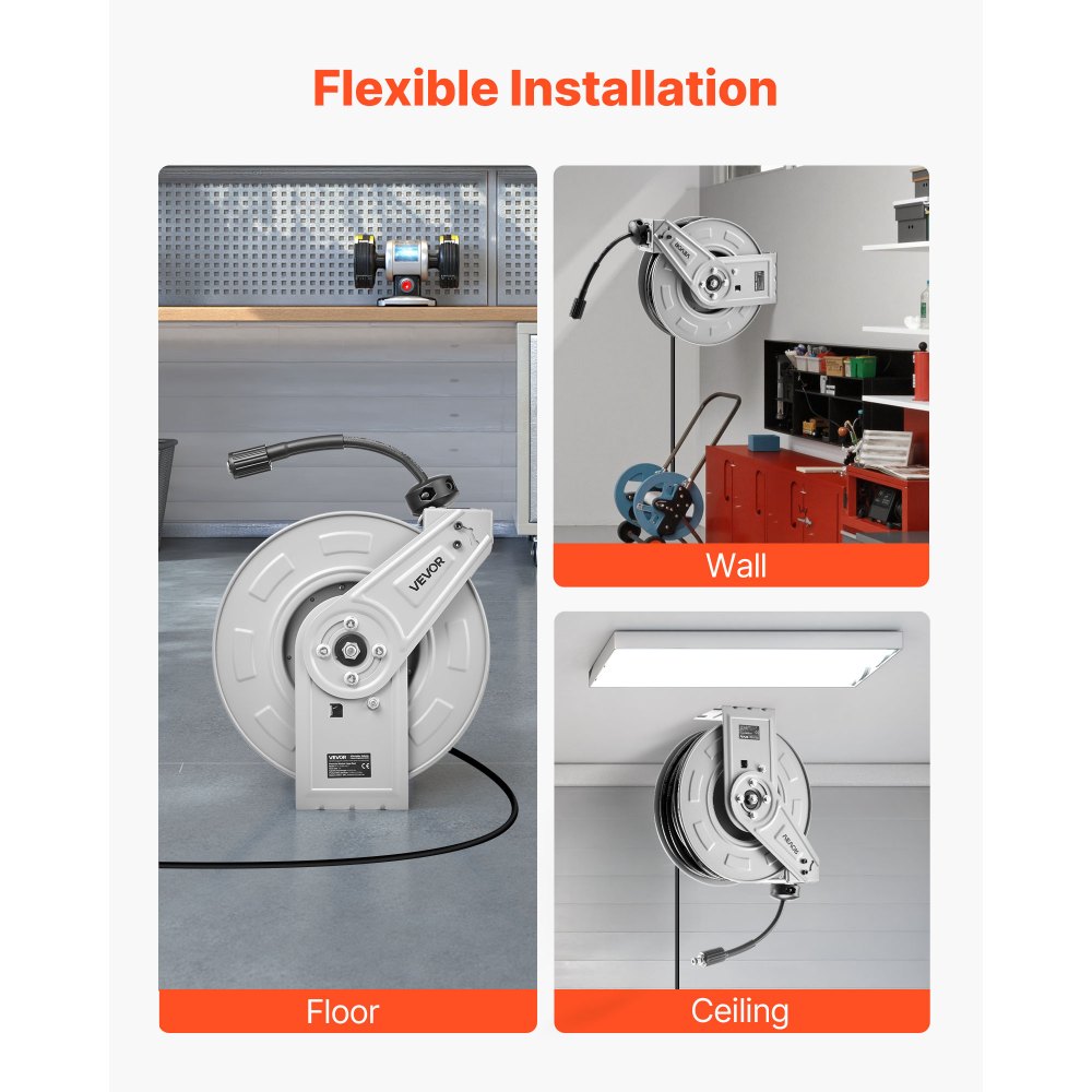VEVOR Hogedrukreiniger Slanghaspel, 19,8 m x 6,35 mm, Stalen Slanghaspel, Max. 220 bar, Automatisch Oprollend, Flexibele Muur-/Vloermontage voor Autowassen, Tuin, Vloerreiniging
