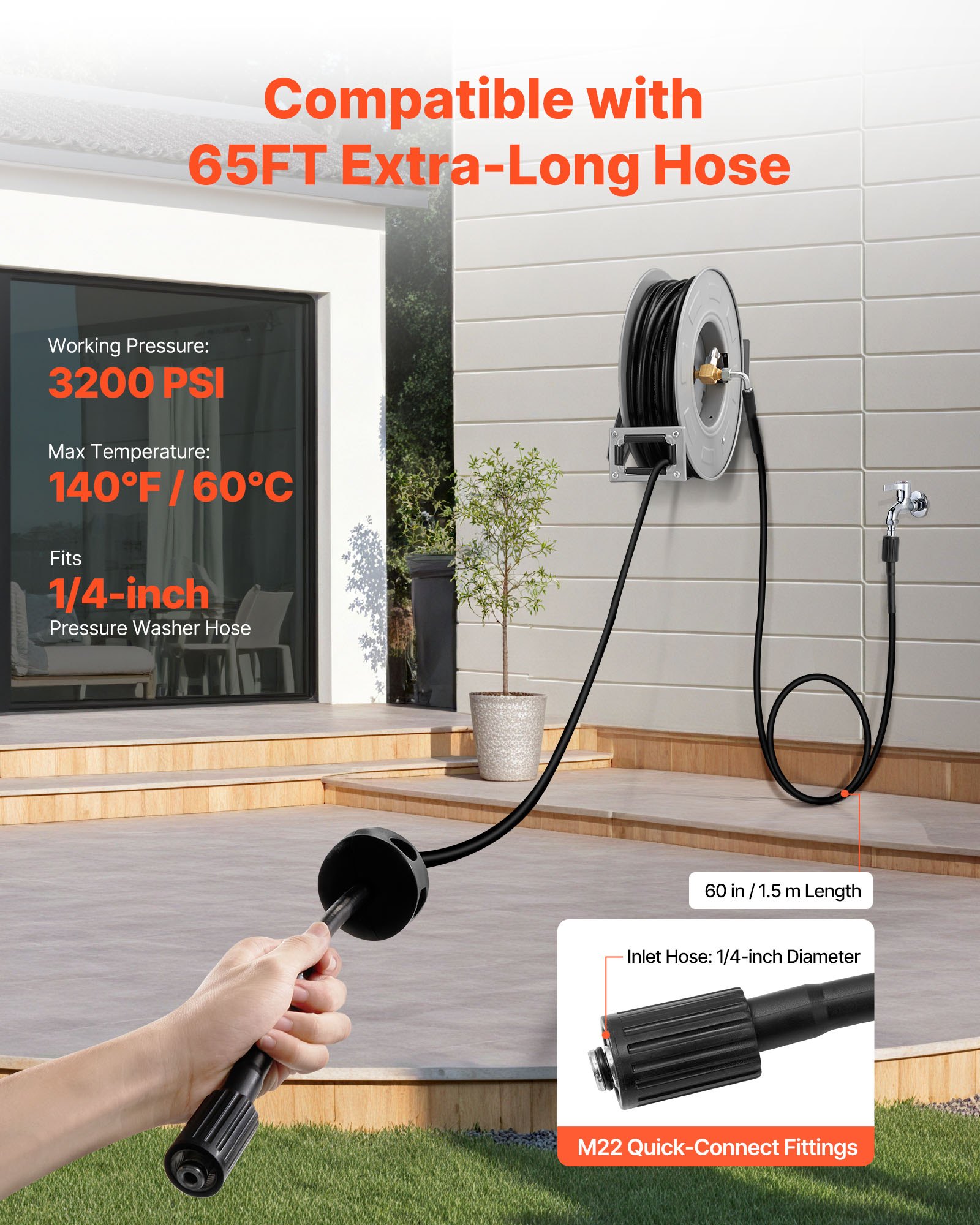 VEVOR Hogedrukreiniger Slanghaspel, 19,8 m x 6,35 mm, Stalen Slanghaspel, Max. 220 bar, Automatisch Oprollend, Flexibele Muur-/Vloermontage voor Autowassen, Tuin, Vloerreiniging