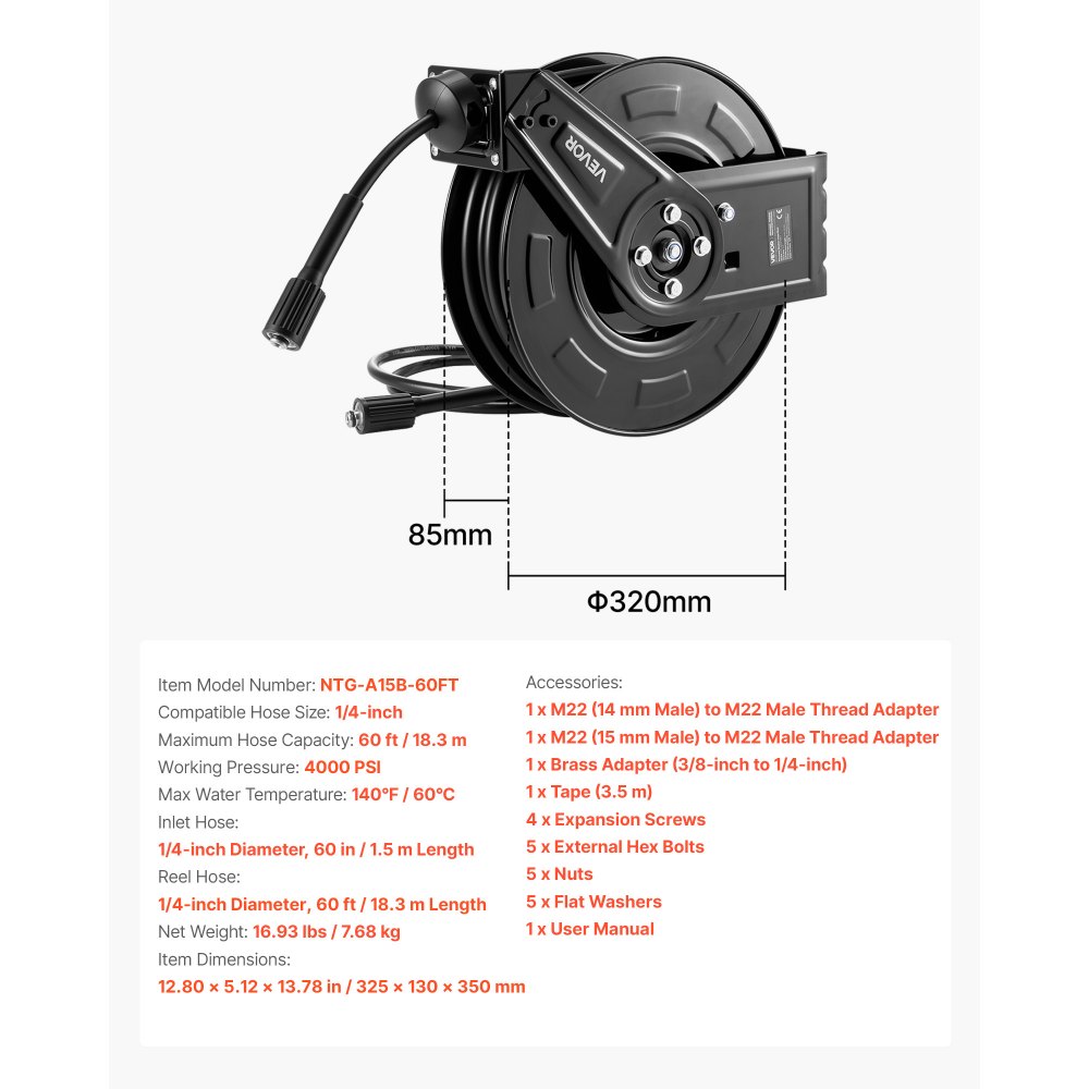 VEVOR Pressure Washer Hose Reel, 18.3 m x 6.4 mm Retractable Power Heavy-Duty Steel Washer Hose Reel, 4000PSI Max, Auto-Rewinding, Flexible Wall/Floor Mounted for Car Washing,Garden,Floor Cleaning