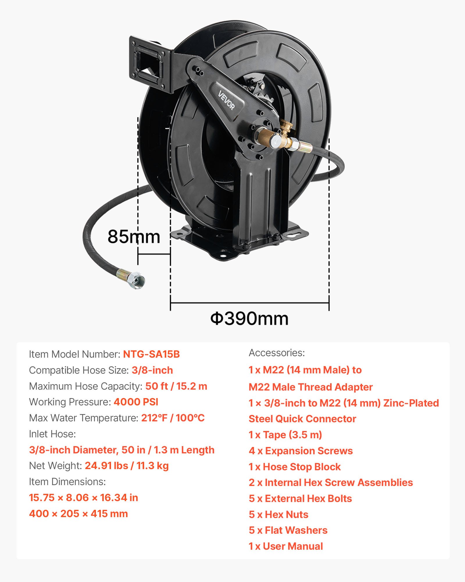 VEVOR Pressure Washer Hose Reel, 15.2 m x 9.5 mm Retractable Power Heavy-Duty Steel Washer Hose Reel, 4000PSI Max, Auto-Rewinding, Flexible Wall/Floor Mounted for Car Washing,Garden,Floor Cleaning