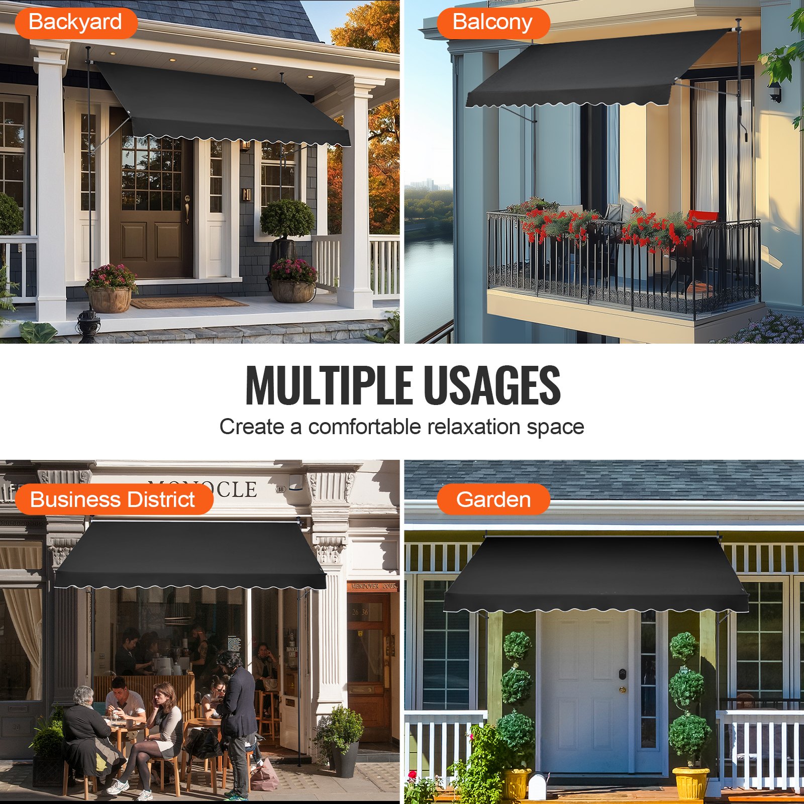 VEVOR 138 x 47" Patio Awning Retractable, Awning Sunshade Shelter with Manual Crank Handle, Outdoor Patio Canopy Sunsetter Deck, Adjustable Height from 86 to 122 in, for Patio/Balcony/Yard, Black