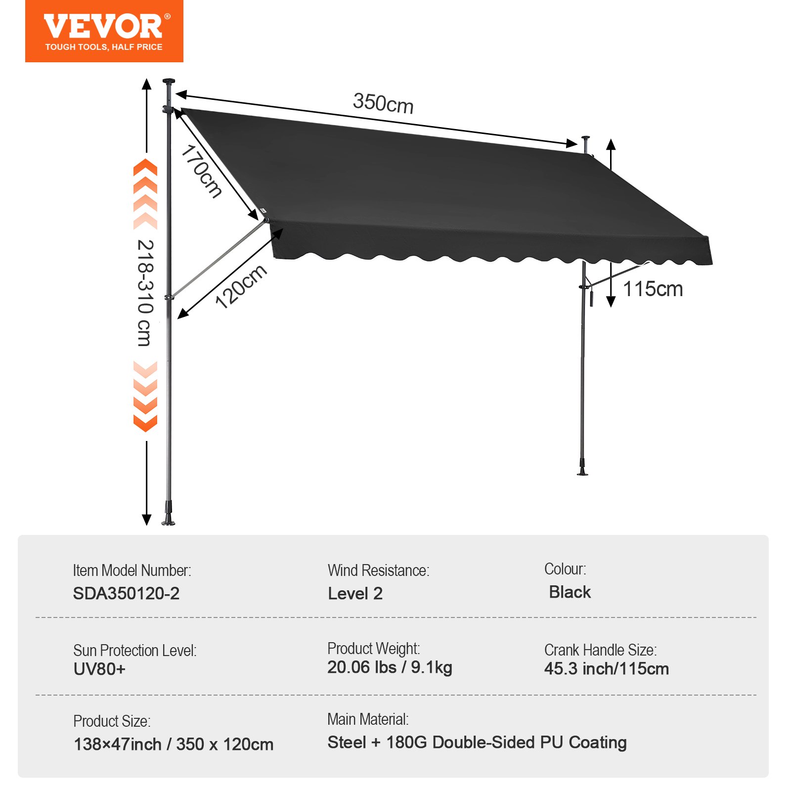 VEVOR 138 x 47" Patio Awning Retractable, Awning Sunshade Shelter with Manual Crank Handle, Outdoor Patio Canopy Sunsetter Deck, Adjustable Height from 86 to 122 in, for Patio/Balcony/Yard, Black