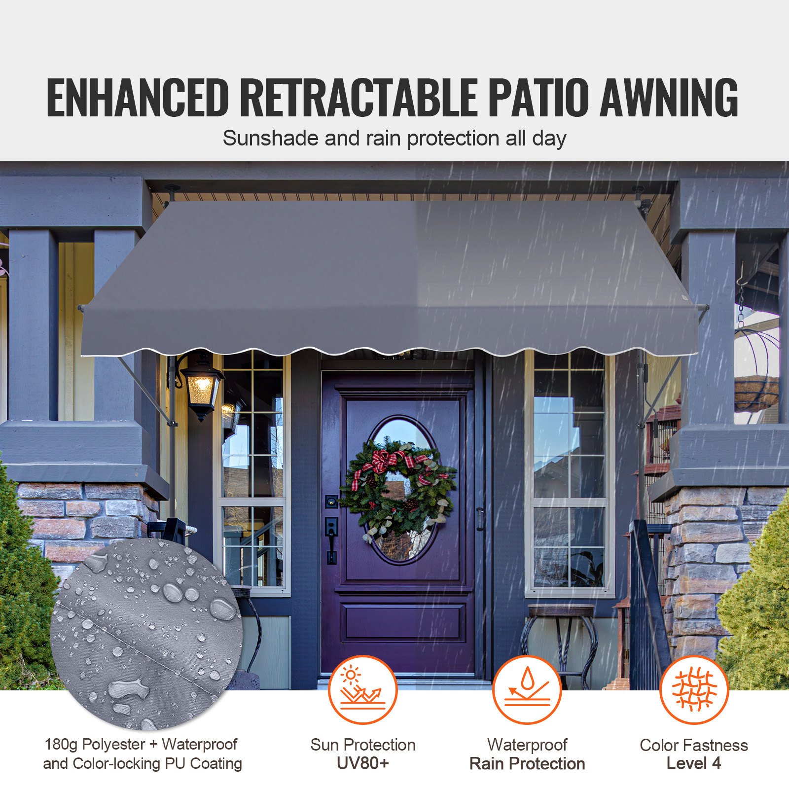 VEVOR 98 x 47" Patio Awning Retractable, Awning Sunshade Shelter with Manual Crank Handle, Outdoor Patio Canopy Sunsetter Deck, Adjustable Height from 86 to 122 in, for Patio/Balcony/Yard, Dark Gray