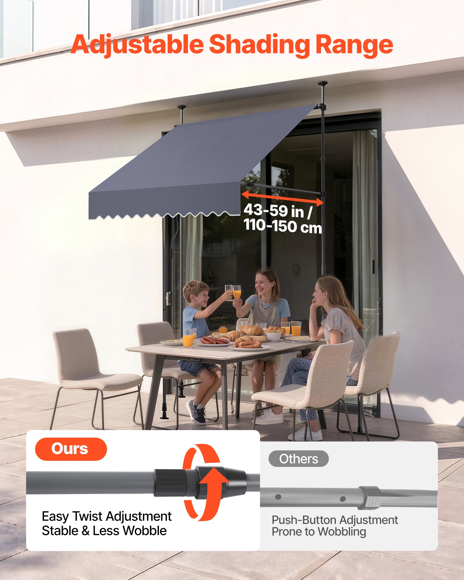 VEVOR Klemzonnescherm 150 cm, in hoogte verstelbaar zonnescherm met handslinger, terraszonnescherm met UPF 80+ zonbescherming, zonnescherm, balkonzonnescherm, ideaal voor terras, balkon en tuin, donkergrijs