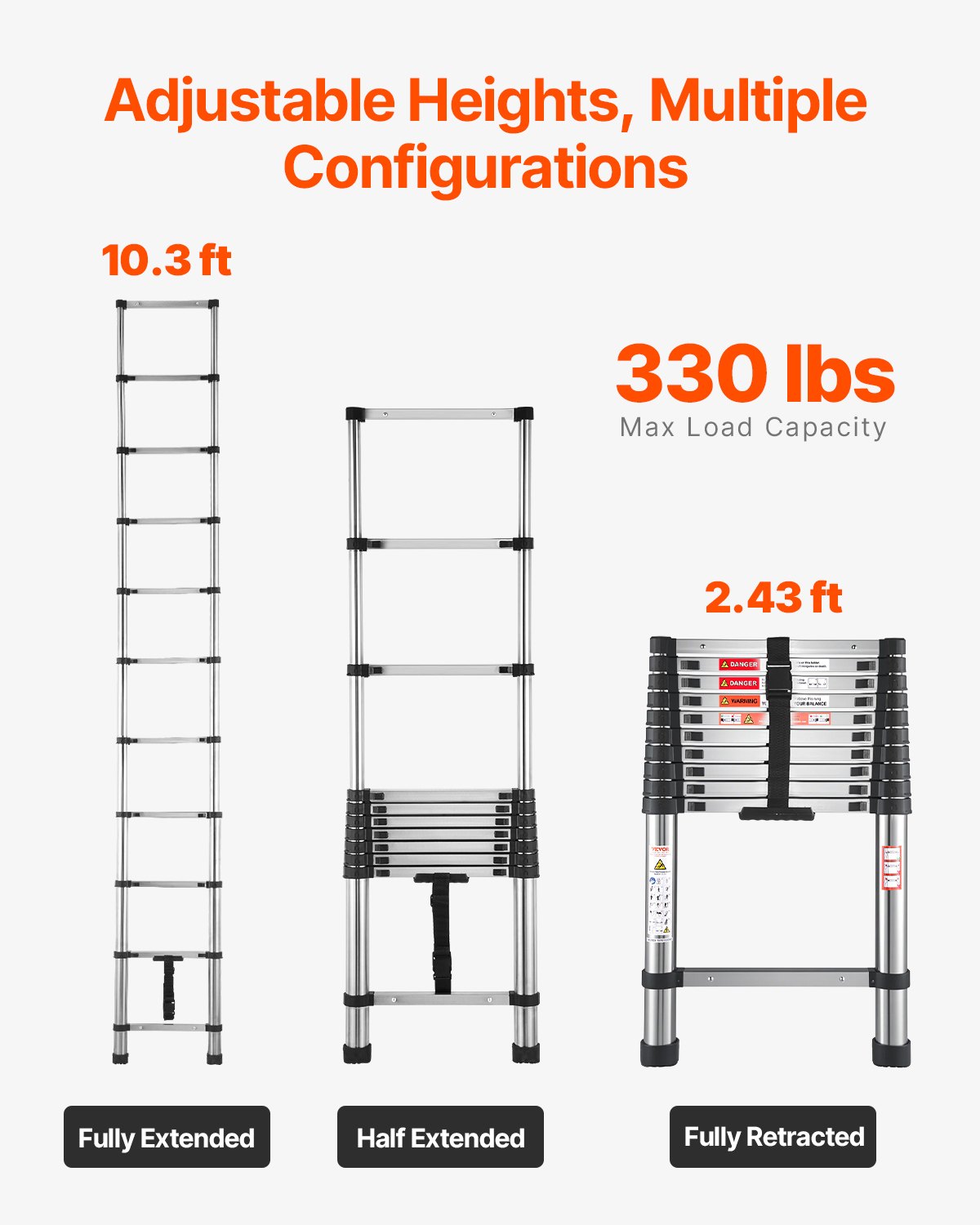 VEVOR Telescoping Ladder, 3140mm Stainless Steel Lightweight Extension Ladder, Multi-Button Retraction Collapsible Ladders, 150 kg Capacity & Non-Slip Feet, Portable 11-Step Ladders for Home RV Loft