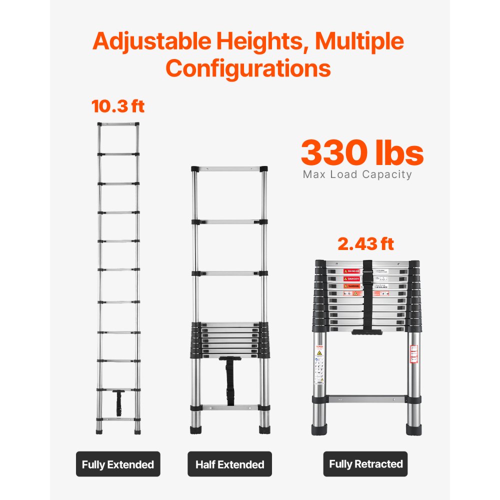 VEVOR Telescoping Ladder, 3740mm Stainless Steel Lightweight Extension Ladder, Multi-Button Retraction Collapsible Ladders, 150 kg Capacity & Non-Slip Feet, Portable 13-Step Ladders for Home RV Loft