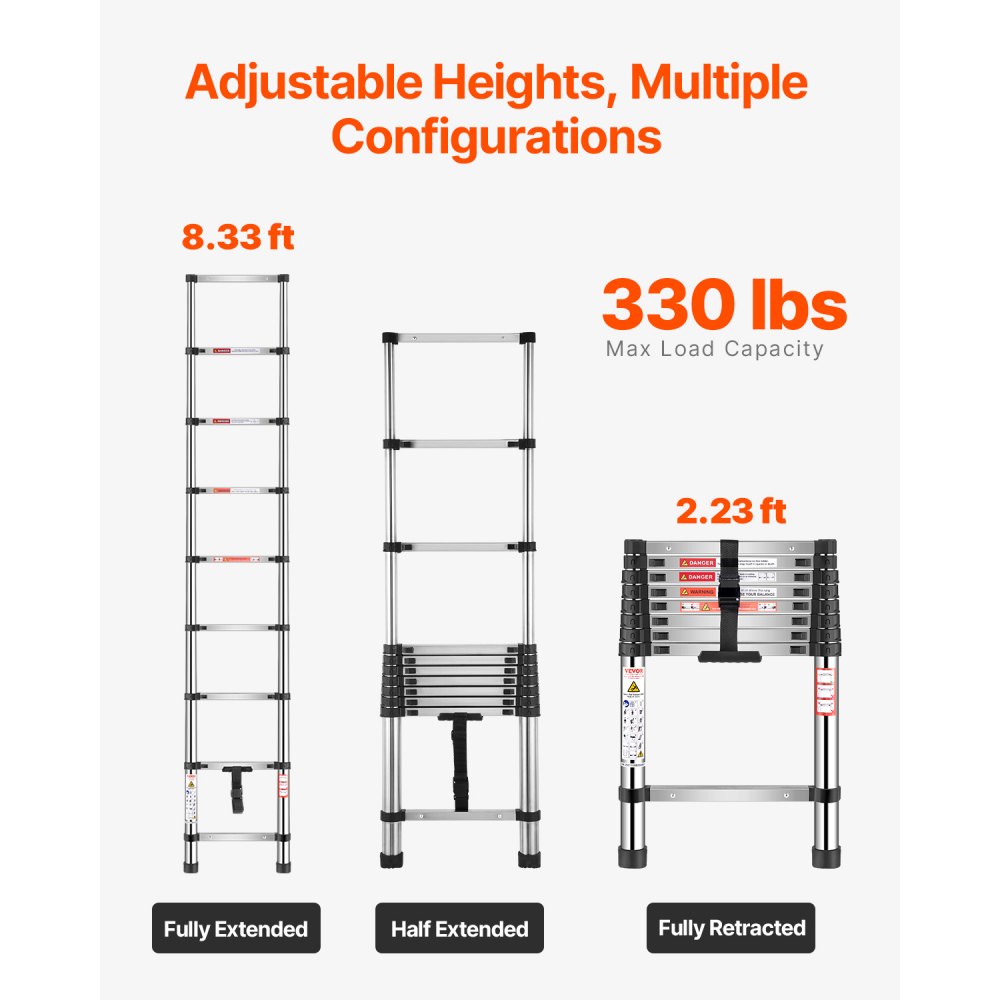 VEVOR Telescoping Ladder, 2540mm Stainless Steel Lightweight Extension Ladder, Multi-Button Retraction Collapsible Ladders, 150 kg Capacity & Non-Slip Feet, Portable 9-Step Ladders for Home RV Loft