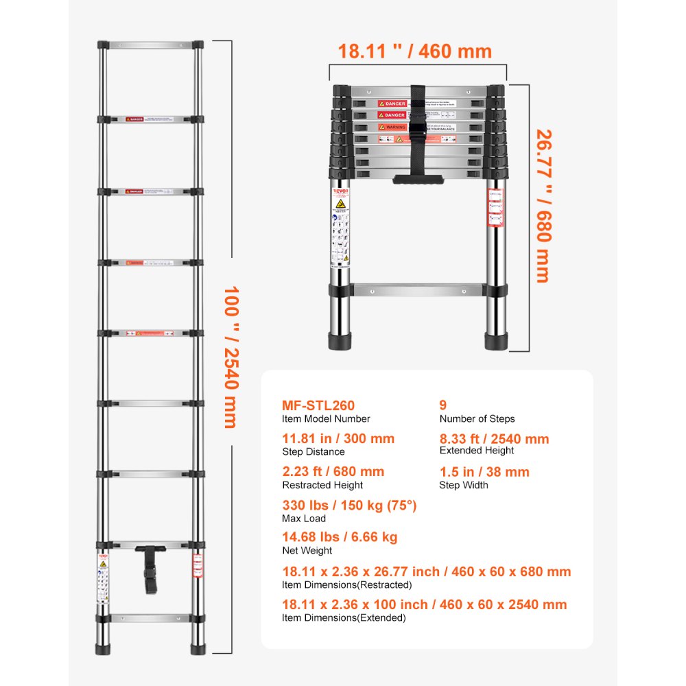 VEVOR Telescoping Ladder, 2540mm Stainless Steel Lightweight Extension Ladder, Multi-Button Retraction Collapsible Ladders, 150 kg Capacity & Non-Slip Feet, Portable 9-Step Ladders for Home RV Loft
