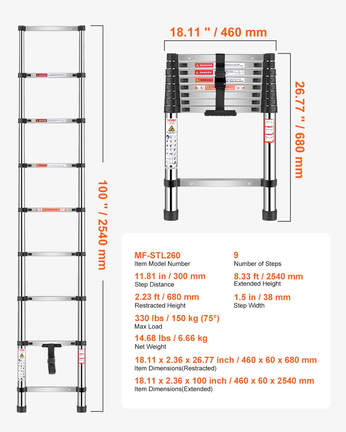 VEVOR Telescopische Ladder, 254 cm lang, RVS Uitschuifladder, Opvouwbare Ladder met een Draagvermogen van 150 kg (75°) & Antislipvoetjes, Draagbare Ladder met 9 Treden voor Thuis, Camper, Zolder