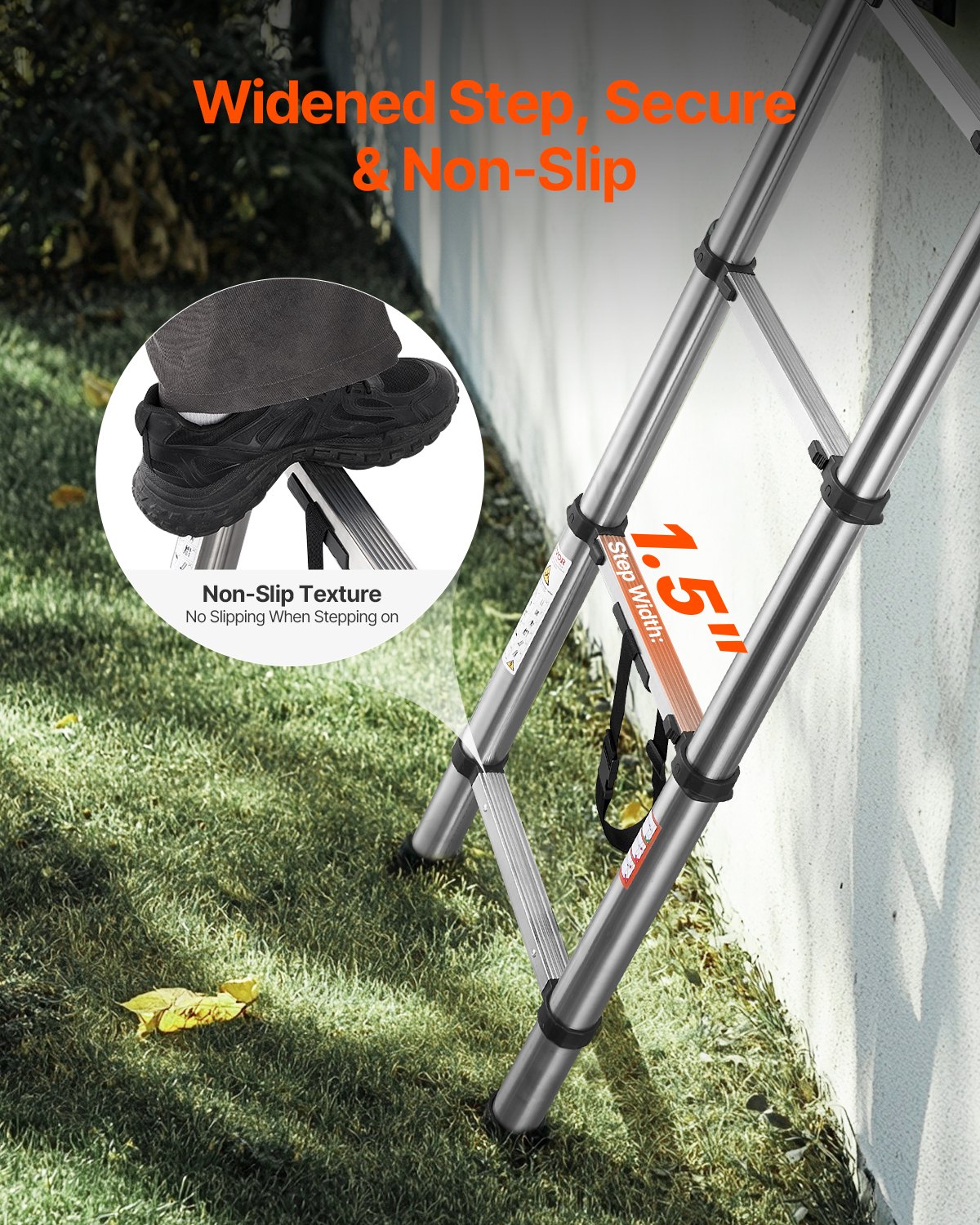 VEVOR Telescoping Ladder, 2540mm Stainless Steel Lightweight Extension Ladder, Multi-Button Retraction Collapsible Ladders, 150 kg Capacity & Non-Slip Feet, Portable 9-Step Ladders for Home RV Loft
