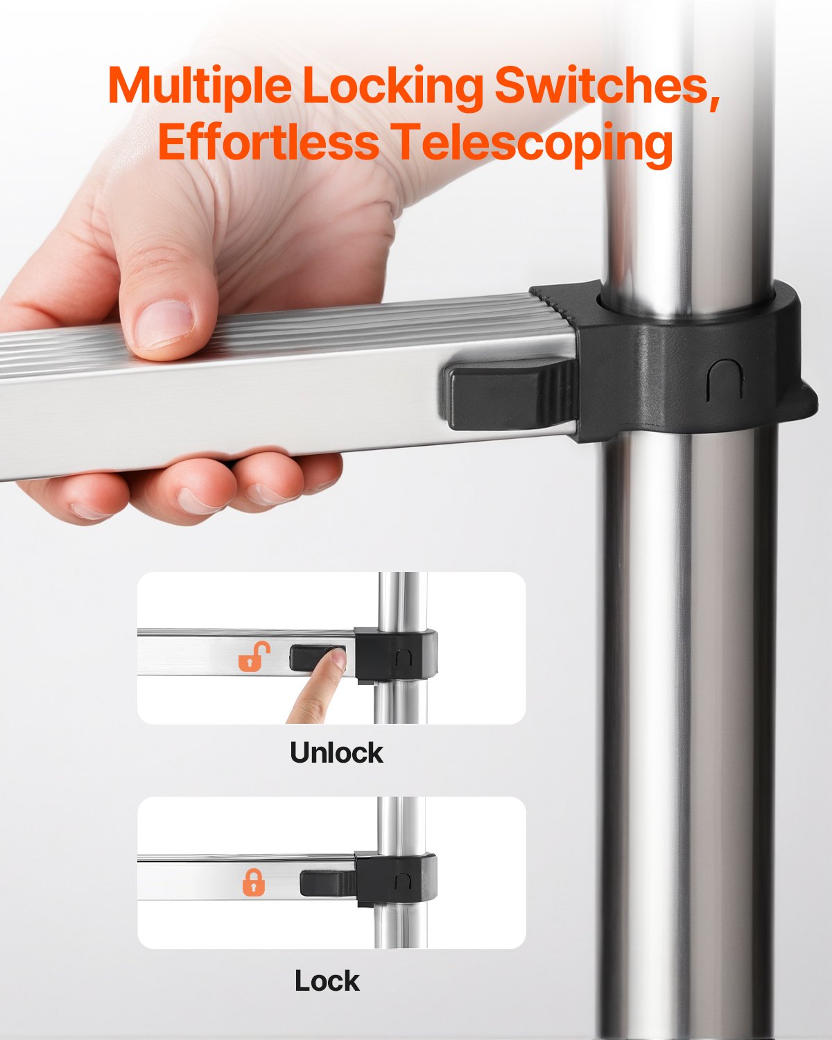 VEVOR Telescoping Ladder, 2540mm Stainless Steel Lightweight Extension Ladder, Multi-Button Retraction Collapsible Ladders, 150 kg Capacity & Non-Slip Feet, Portable 9-Step Ladders for Home RV Loft