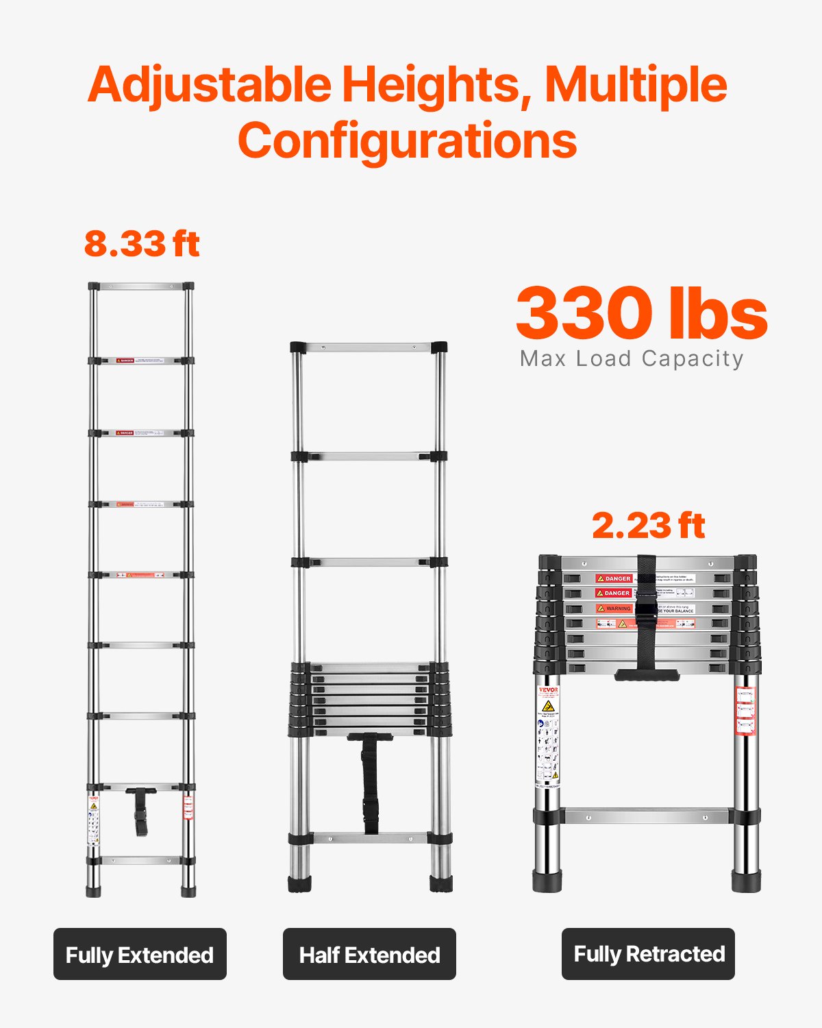 VEVOR Telescoping Ladder, 2540mm Stainless Steel Lightweight Extension Ladder, Multi-Button Retraction Collapsible Ladders, 150 kg Capacity & Non-Slip Feet, Portable 9-Step Ladders for Home RV Loft