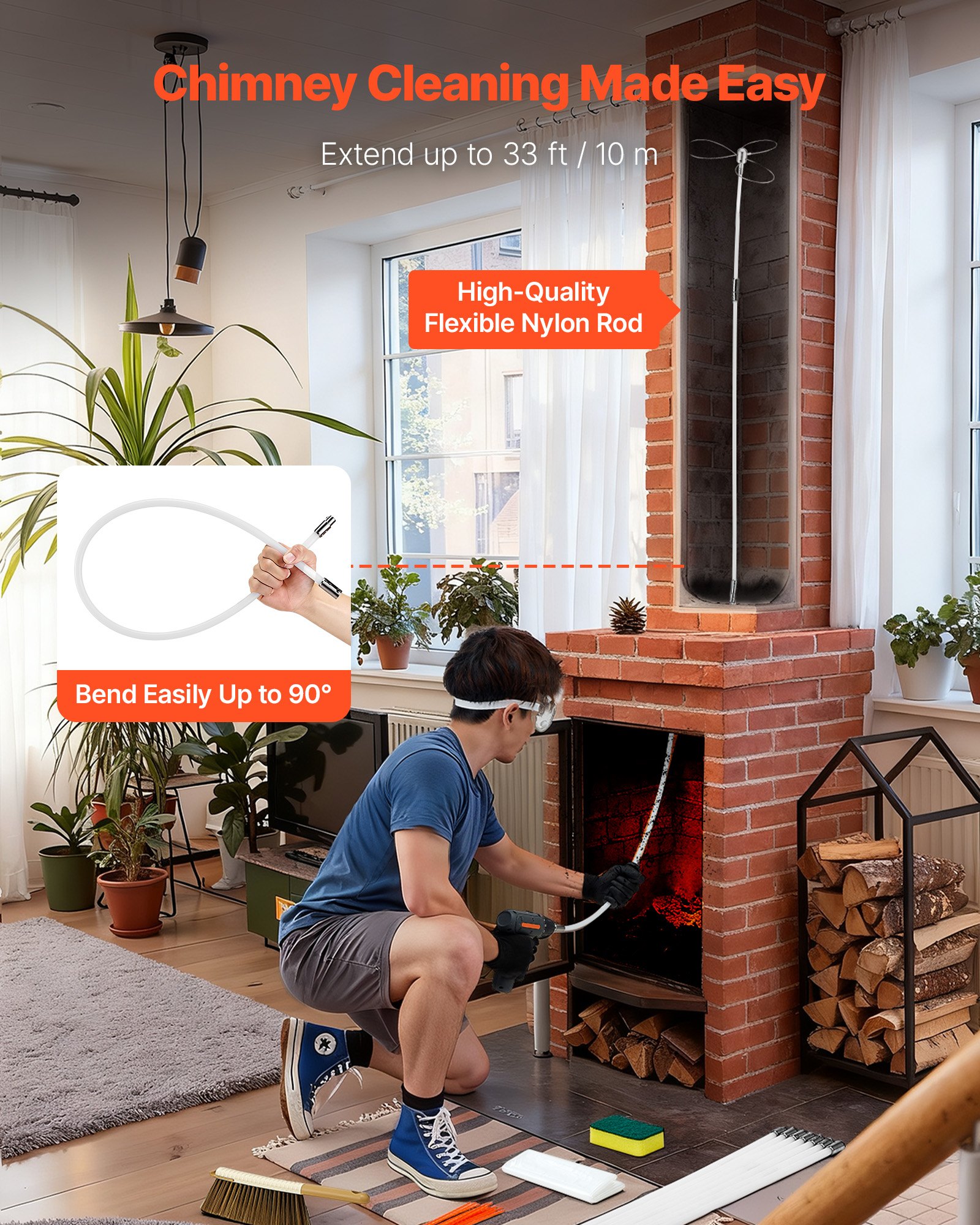 VEVOR Chimney Sweep Kit, 33 ft Maximum Extendable Length Chimney Brush, Chimney Cleaner Sweeper with Dual Brush Heads, Brush & Goggles, Fireplace Cleaning Tool for Square, Rectangle, Arch Chimneys