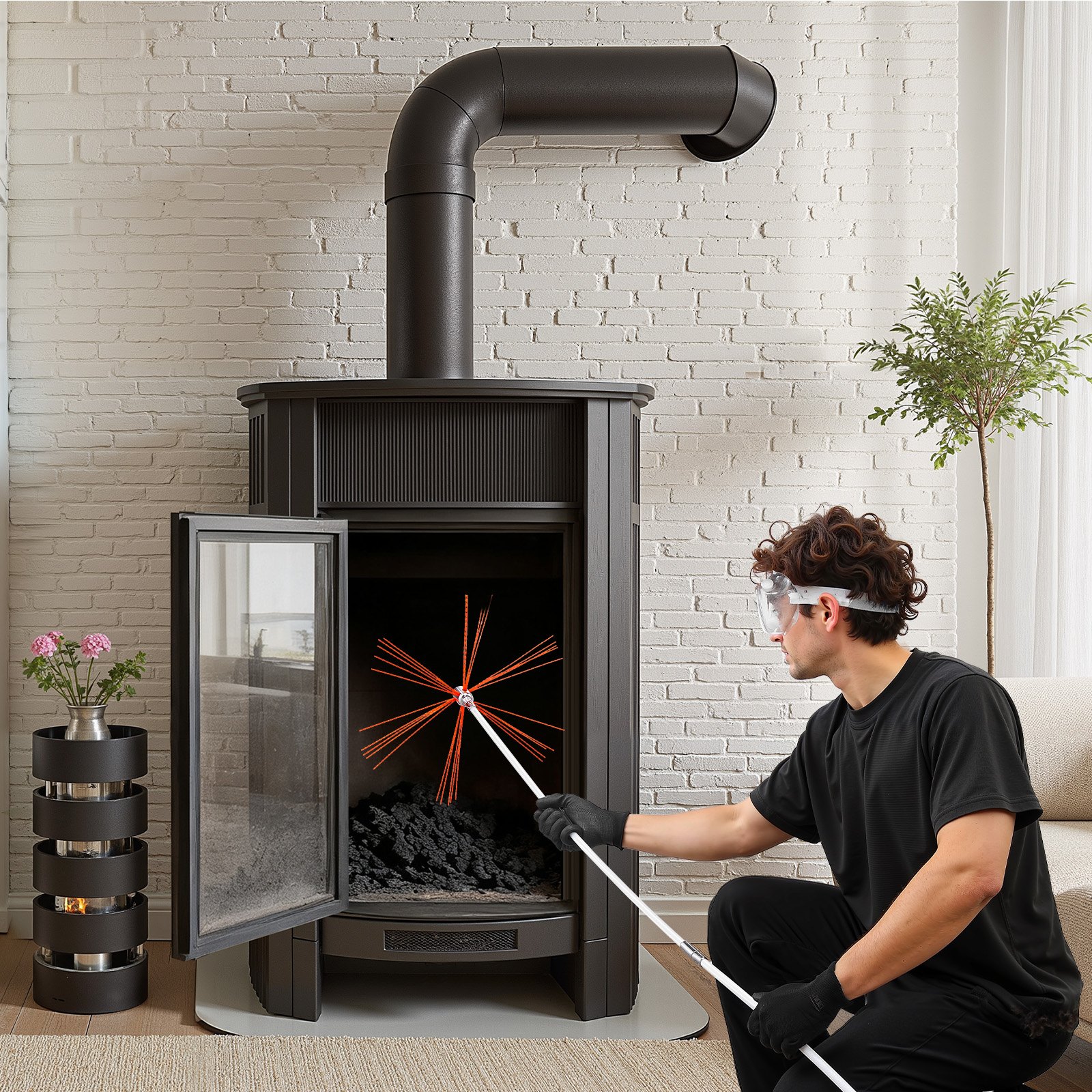 VEVOR Chimney Sweep Kit, 39 ft Maximum Extendable Length Chimney Brush, Chimney Cleaner Sweeper with Dual Brush Heads & Bristle Replacements, Fireplace Cleaning Tool for Square, Rectangle Chimneys