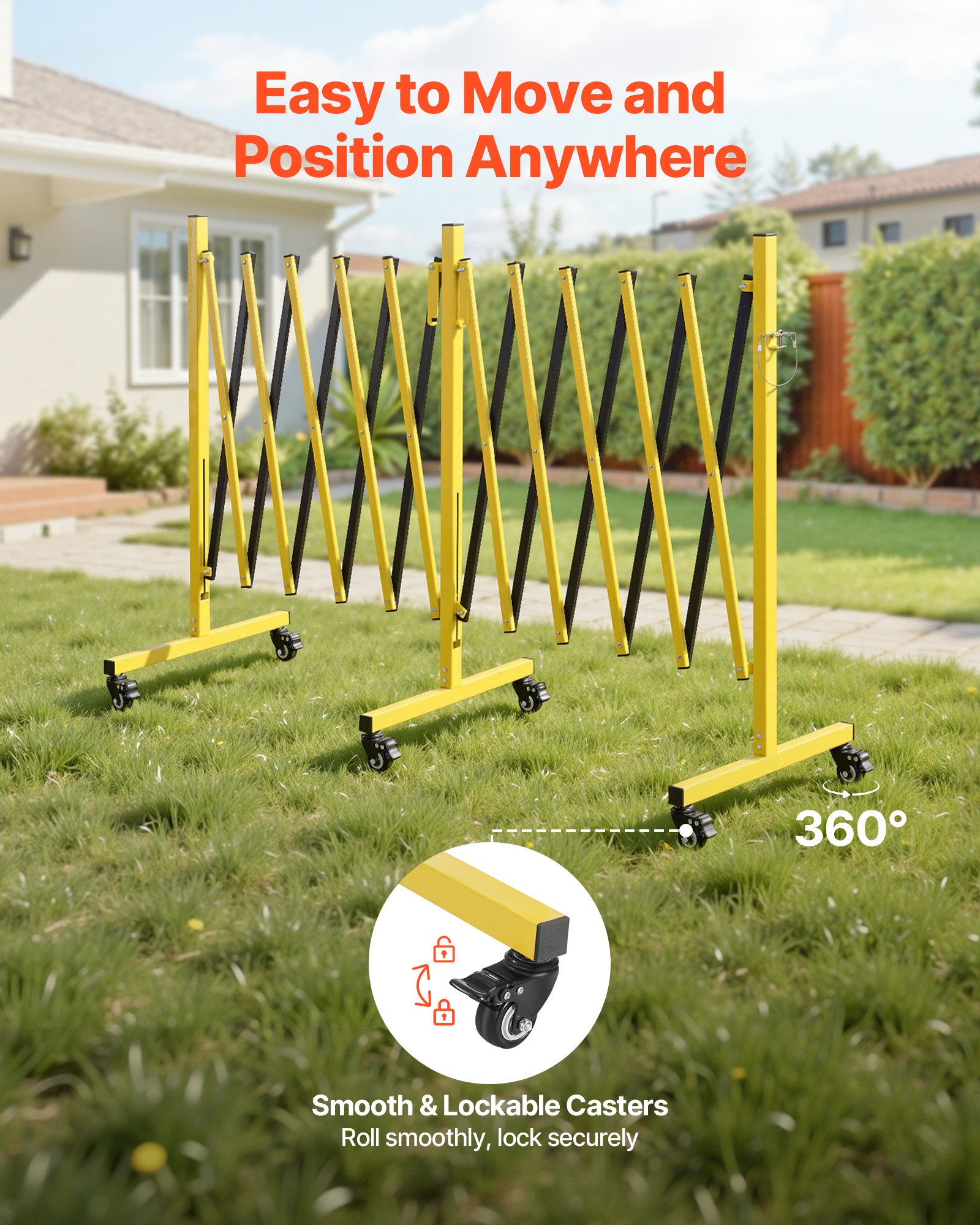 VEVOR Uitschuifbare schaarpoort, dubbele barrière met vergrendelbare wielen, verstelbaar, max. 5,46 m, mobiele veiligheidsbarrière voor waarschuwingsdoeleinden, metalen barricade voor buiten- en industrieel gebruik