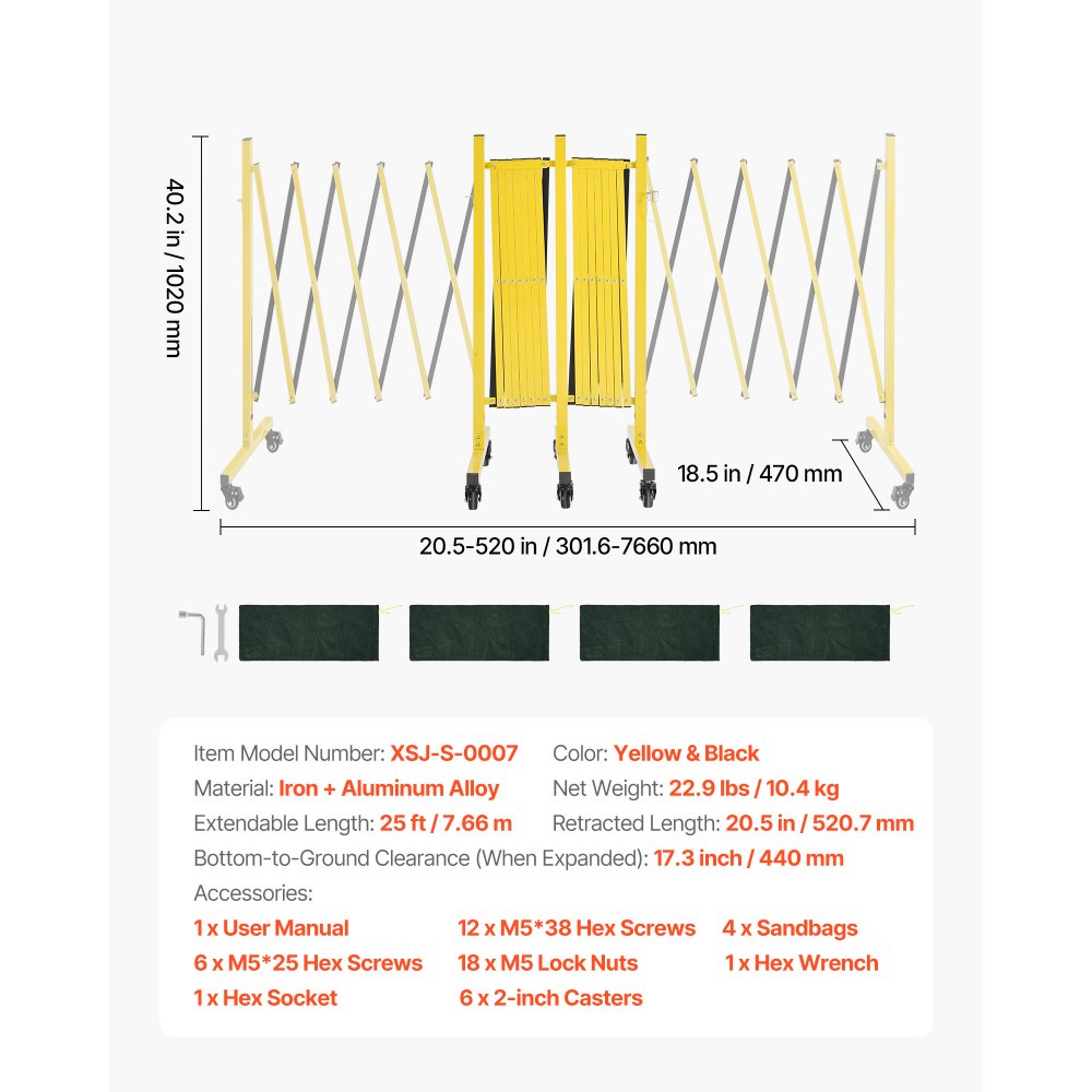 VEVOR Double Expandable Barricades, 25FT Industrial Safety Barriers, Flexible Mobile Barricade with Locking Casters, Portable Folding Security Gate Metal Traffic Fence for Driveway Warehouse Elevator