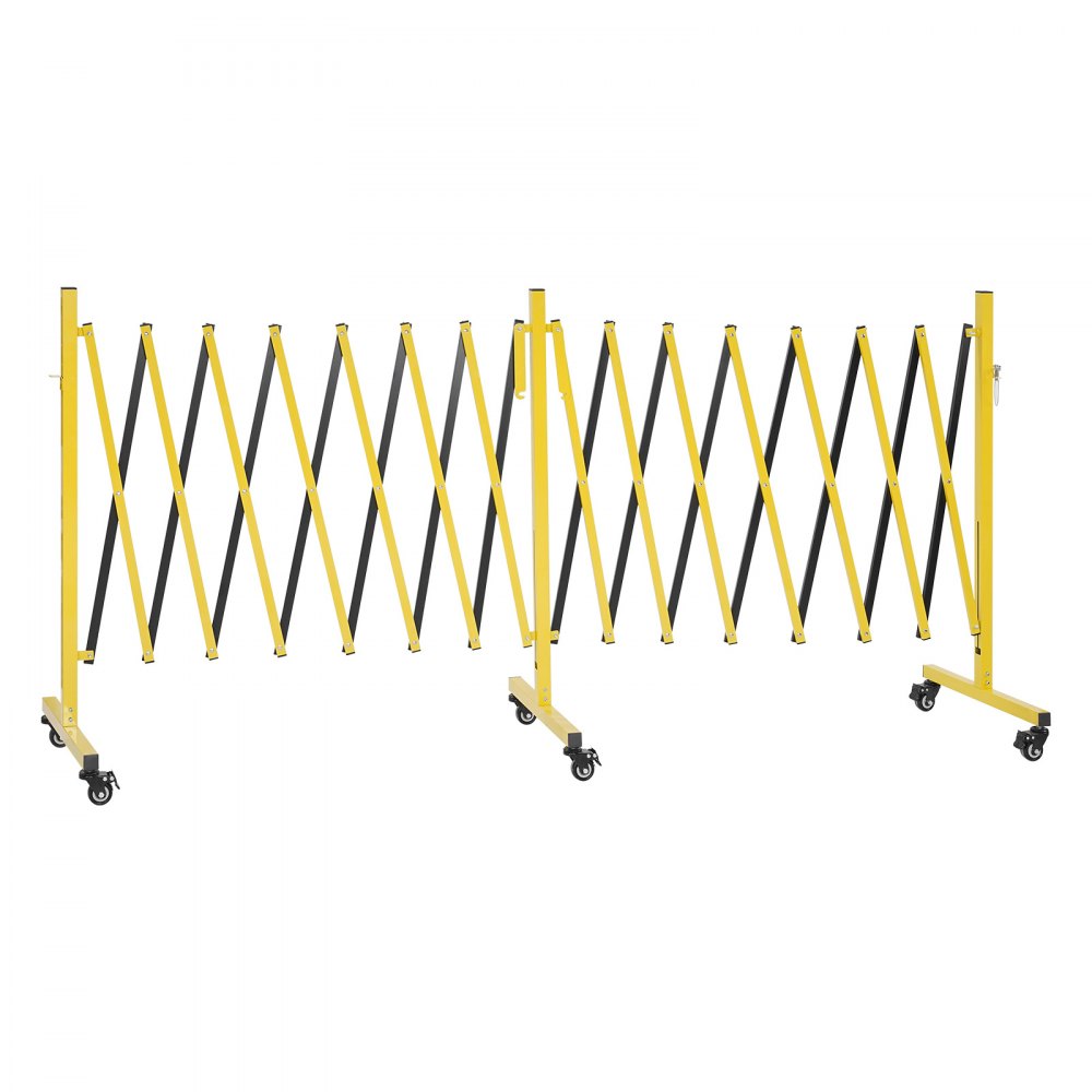VEVOR Uitschuifbare schaarpoort, dubbele barrière met vergrendelbare wielen, schaarbarrière, max. 7,66 m, mobiele veiligheidsbarrière voor buiten met waarschuwingseffect, metalen barricade voor buiten- en industrieel gebruik
